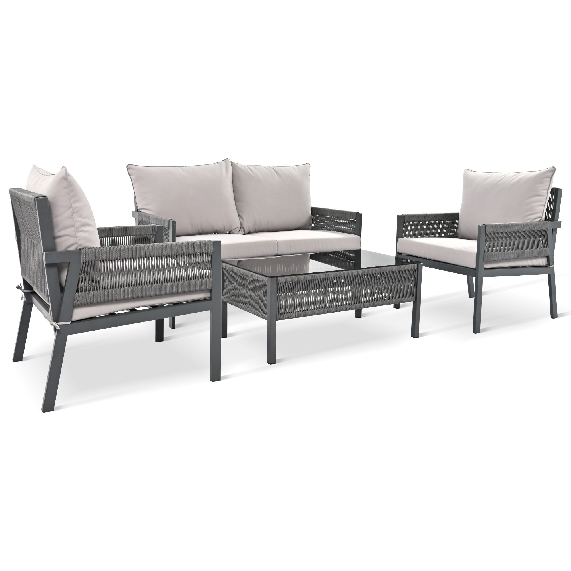 4-Piece Boho Rope Patio Conversation Set with Beige Cushions and Tempered Glass Table