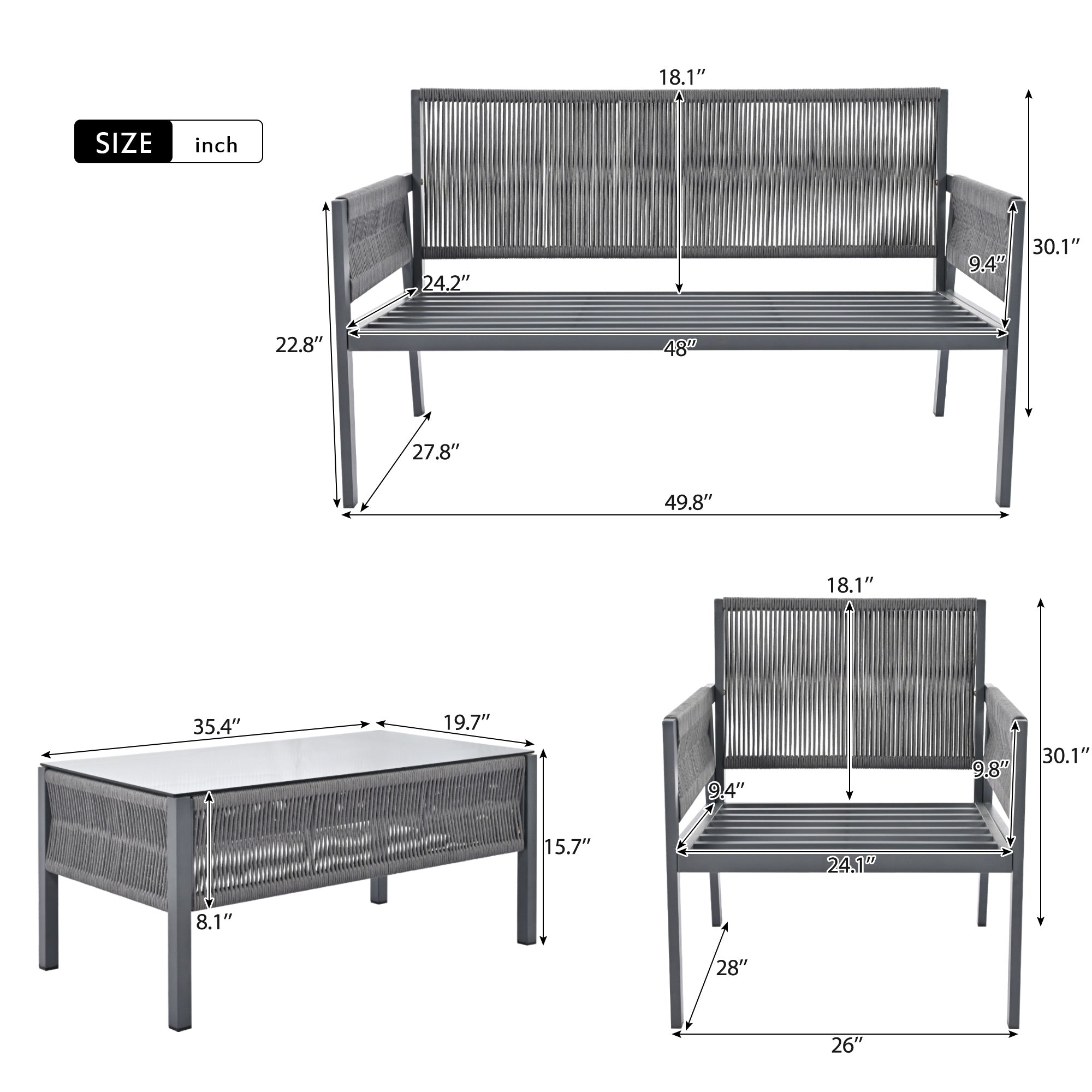 4-Piece Boho Rope Patio Conversation Set with Beige Cushions and Tempered Glass Table