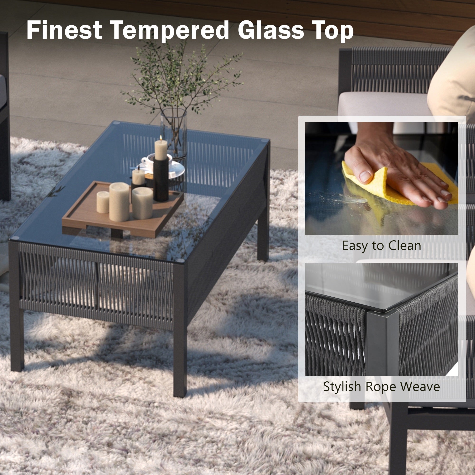 4-Piece Boho Rope Patio Conversation Set with Beige Cushions and Tempered Glass Table