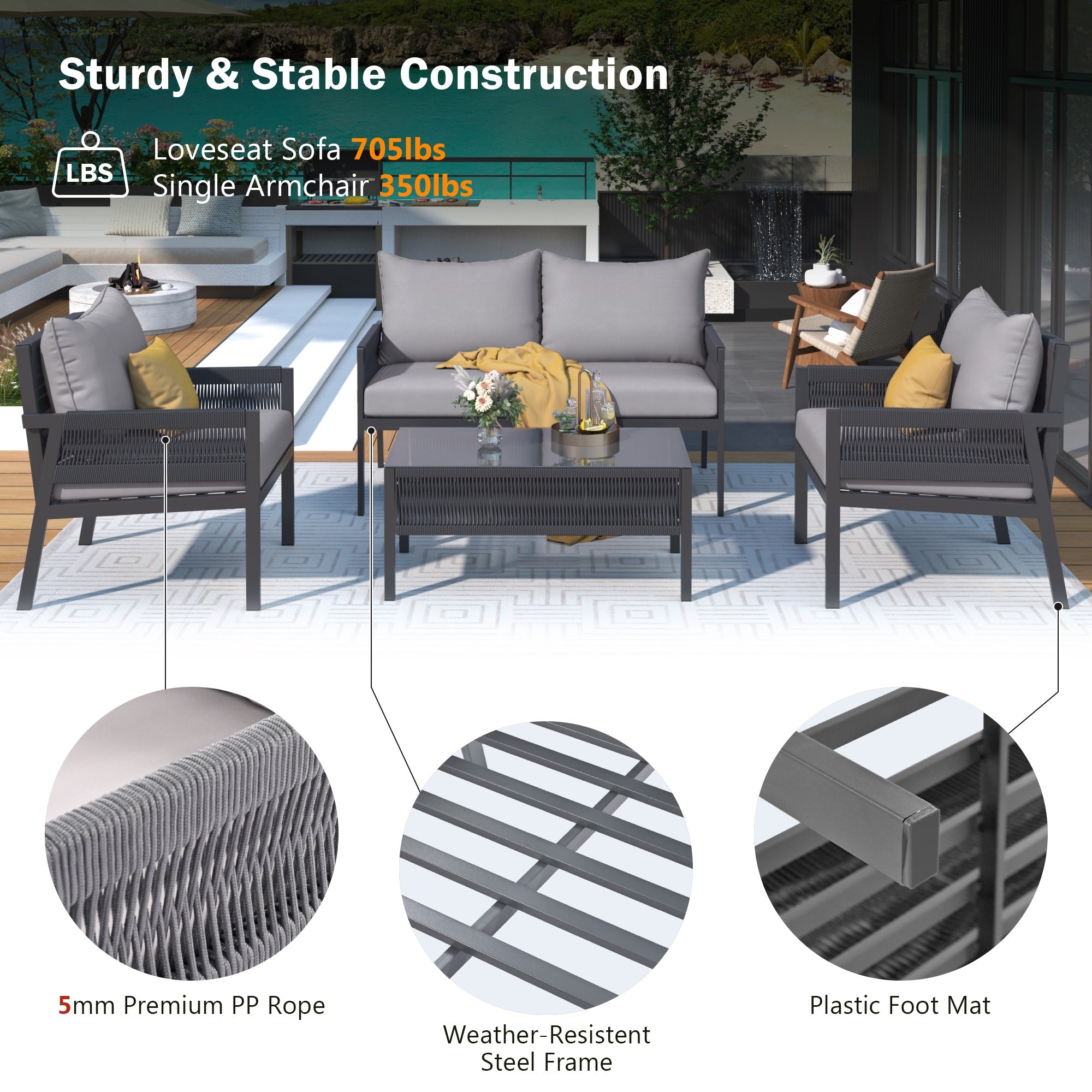 4-Piece Boho Rope Patio Conversation Set with Beige Cushions and Tempered Glass Table
