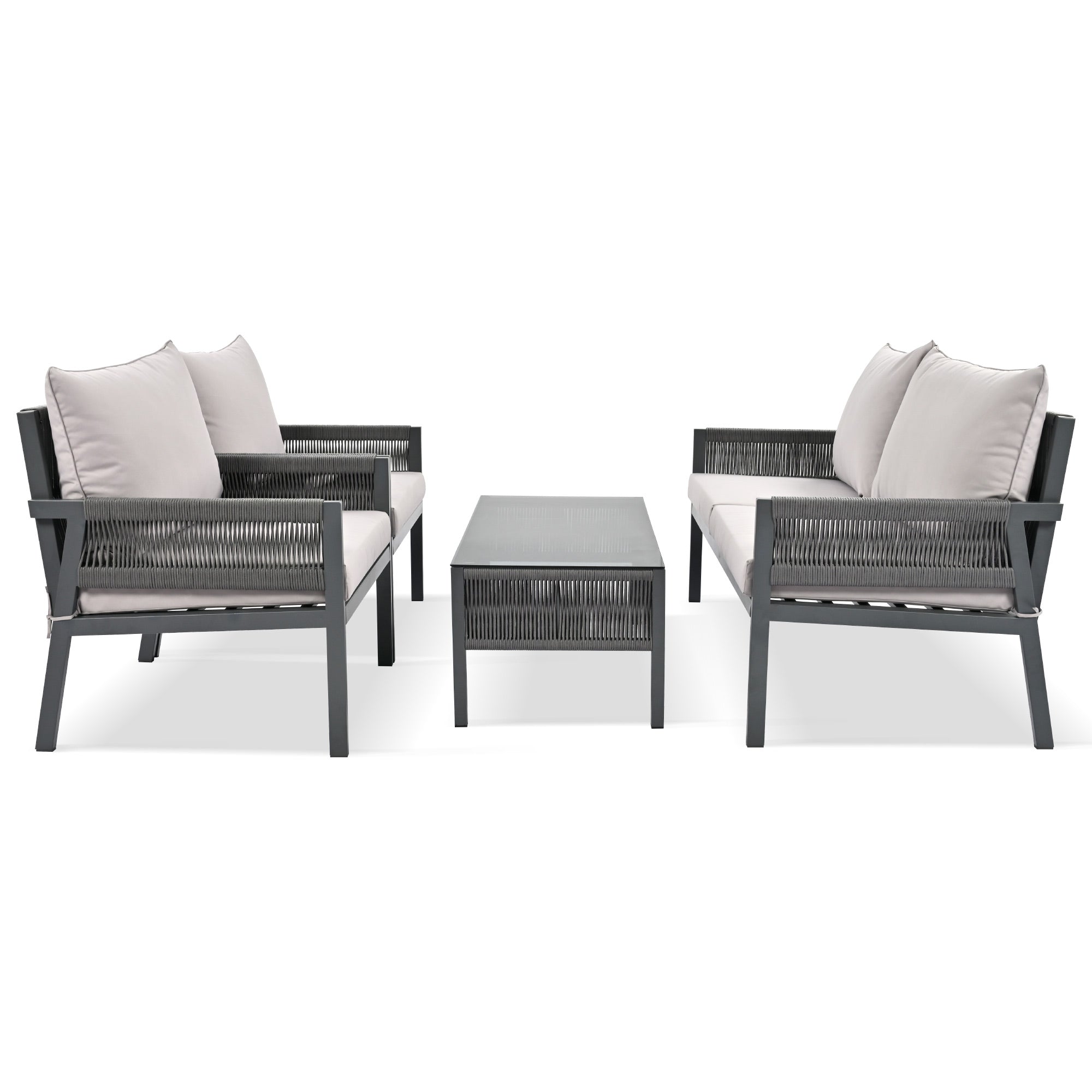 4-Piece Boho Rope Patio Conversation Set with Beige Cushions and Tempered Glass Table