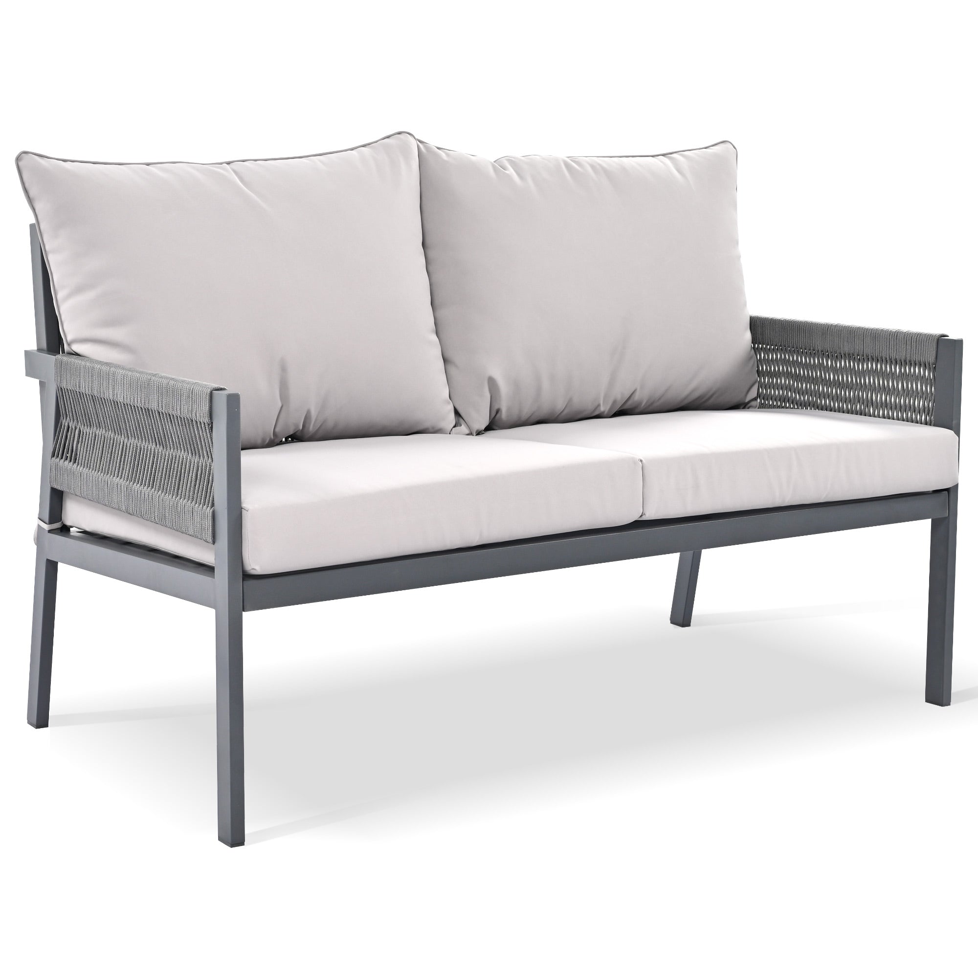 4-Piece Boho Rope Patio Conversation Set with Beige Cushions and Tempered Glass Table