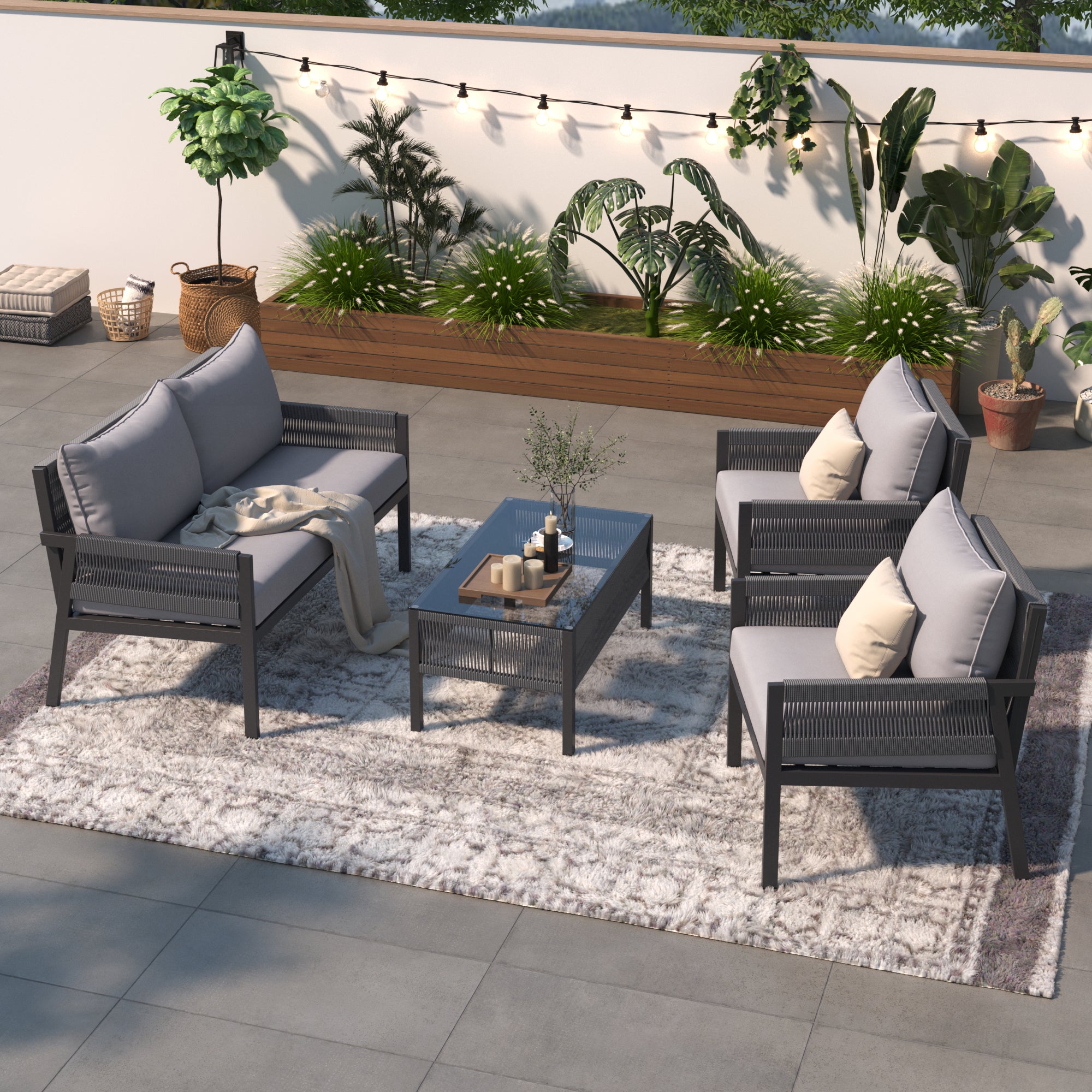 4-Piece Boho Rope Patio Conversation Set with Beige Cushions and Tempered Glass Table