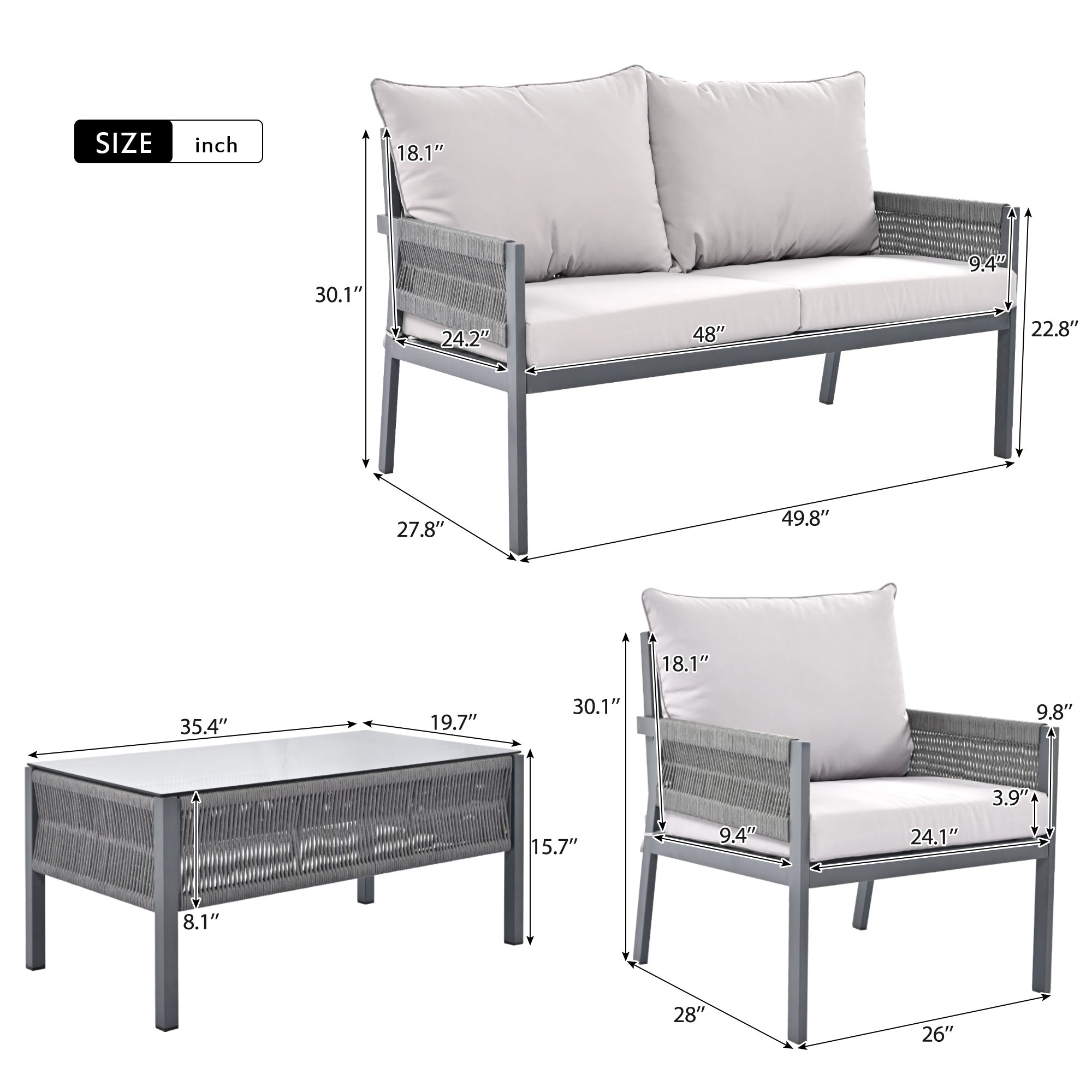 4-Piece Boho Rope Patio Conversation Set with Beige Cushions and Tempered Glass Table