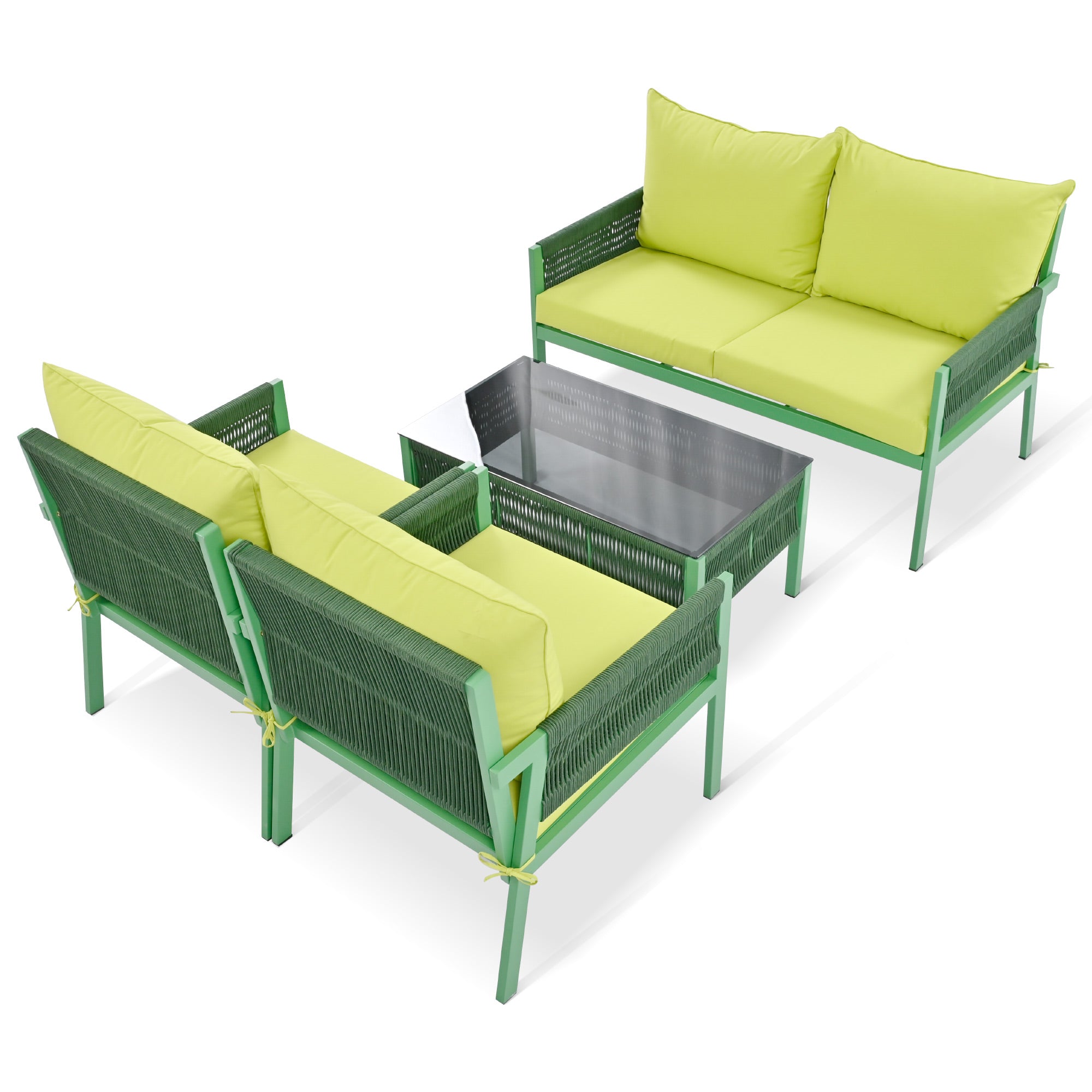 4-Piece Boho Rope Patio Conversation Set with Beige Cushions and Tempered Glass Table