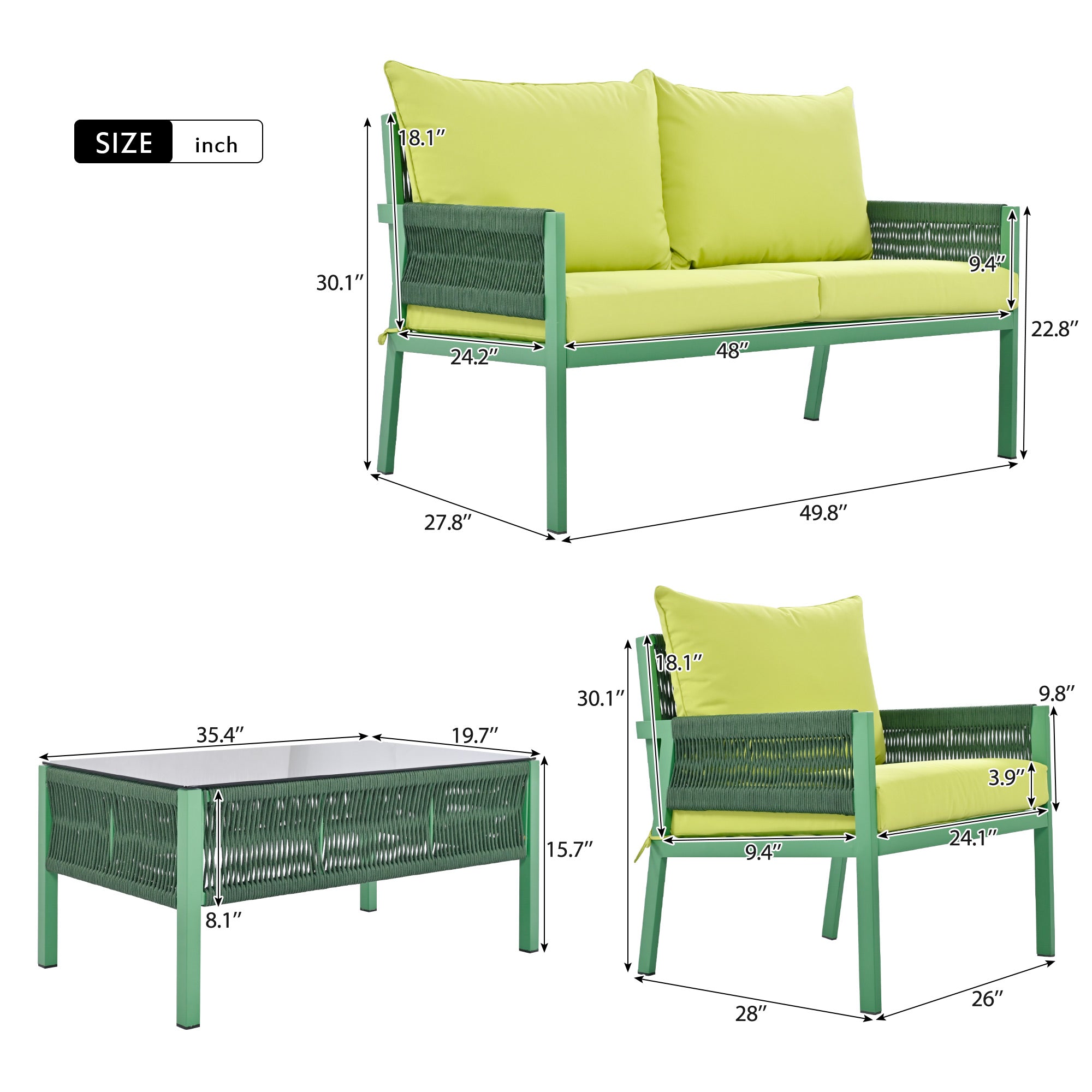 4-Piece Boho Rope Patio Conversation Set with Beige Cushions and Tempered Glass Table