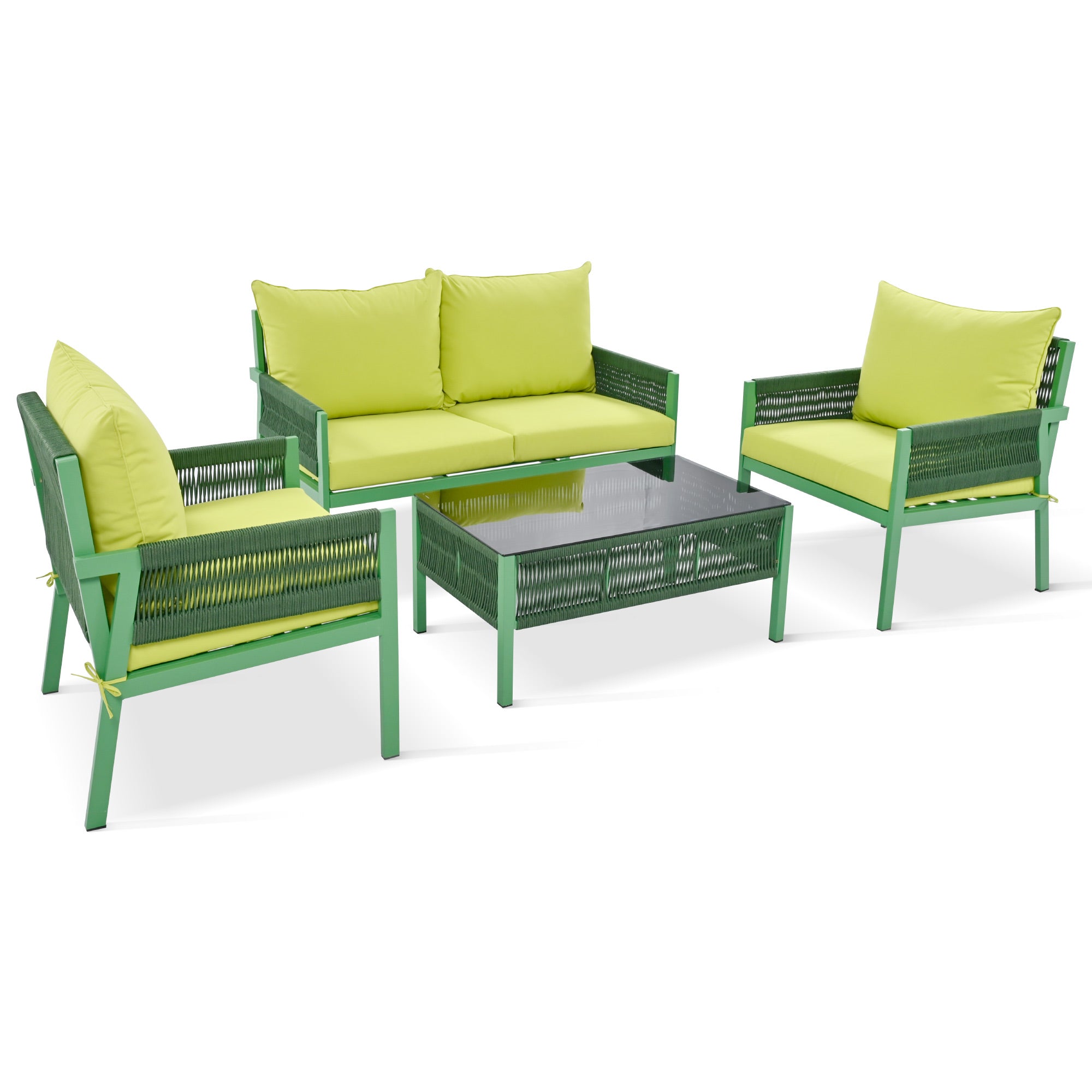 4-Piece Boho Rope Patio Conversation Set with Beige Cushions and Tempered Glass Table