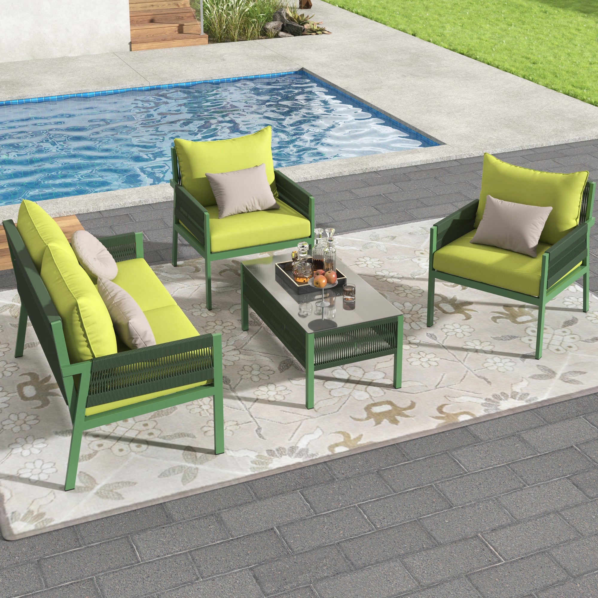 4-Piece Boho Rope Patio Conversation Set with Beige Cushions and Tempered Glass Table