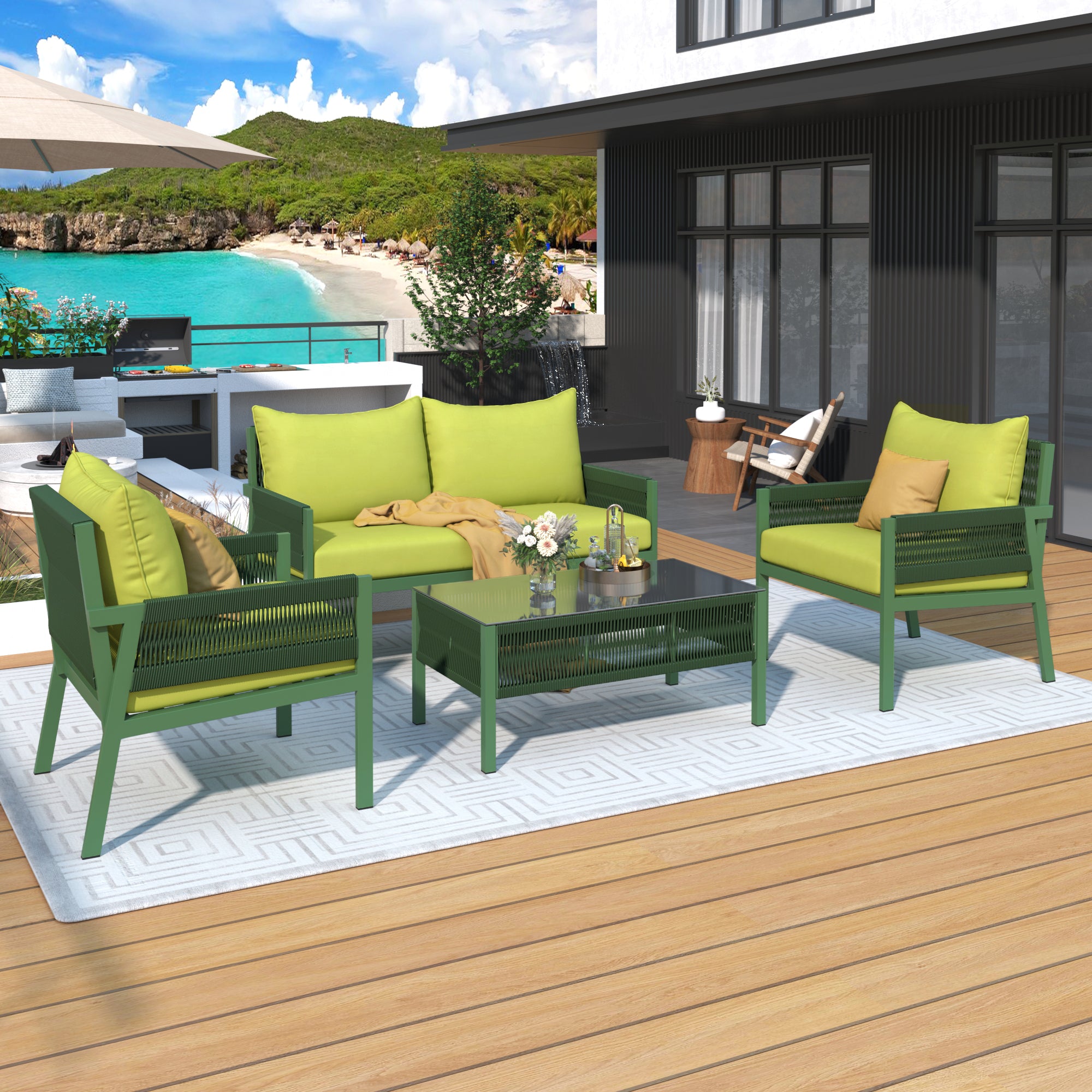4-Piece Boho Rope Patio Conversation Set with Beige Cushions and Tempered Glass Table