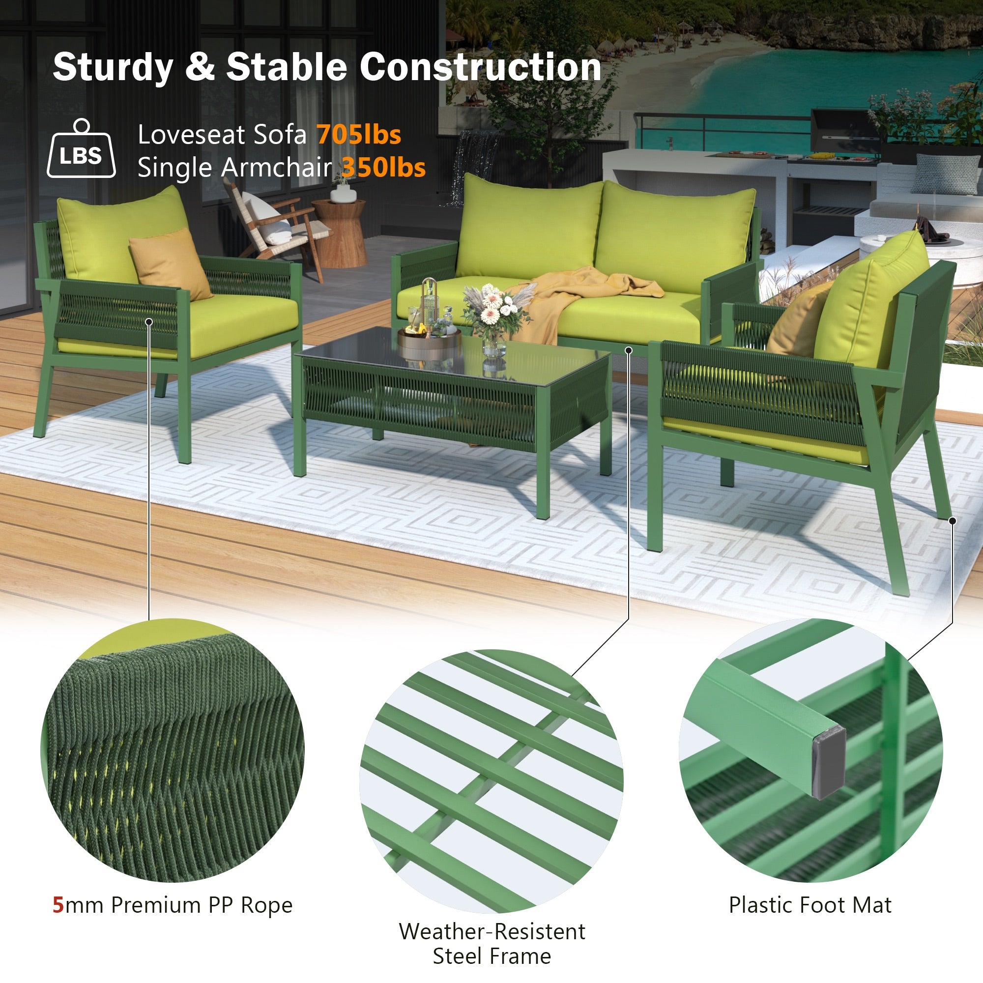 4-Piece Boho Rope Patio Conversation Set with Beige Cushions and Tempered Glass Table