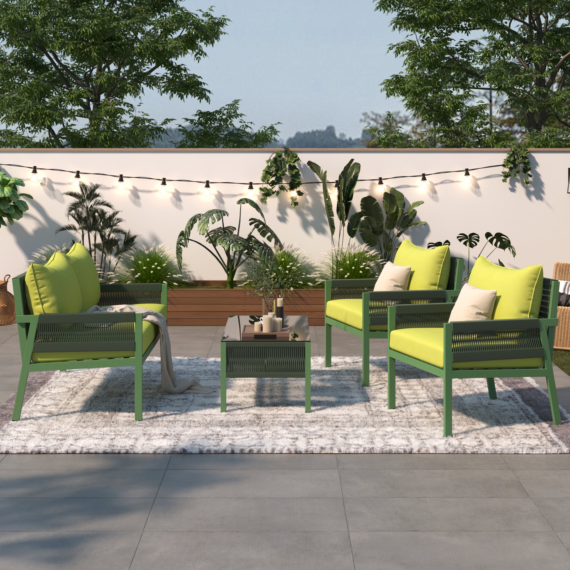 4-Piece Boho Rope Patio Conversation Set with Beige Cushions and Tempered Glass Table