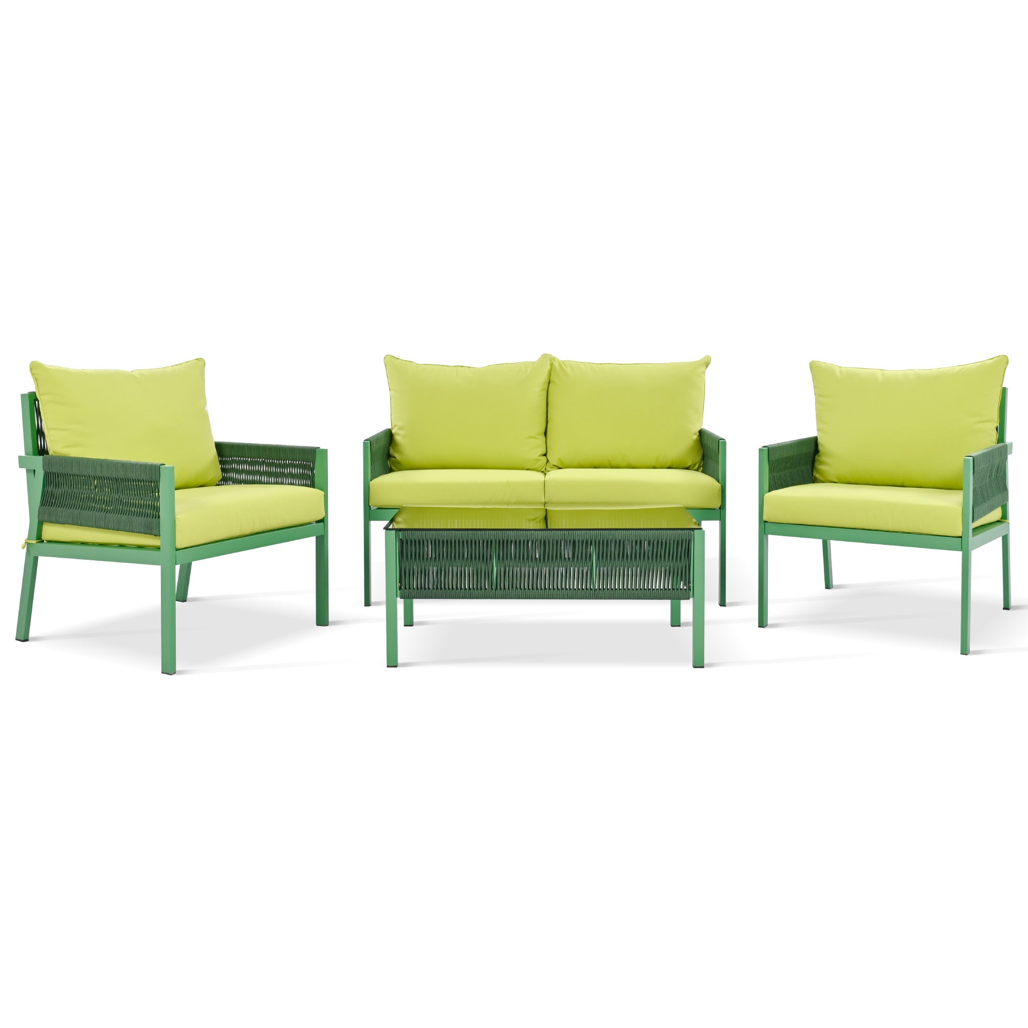 4-Piece Boho Rope Patio Conversation Set with Beige Cushions and Tempered Glass Table