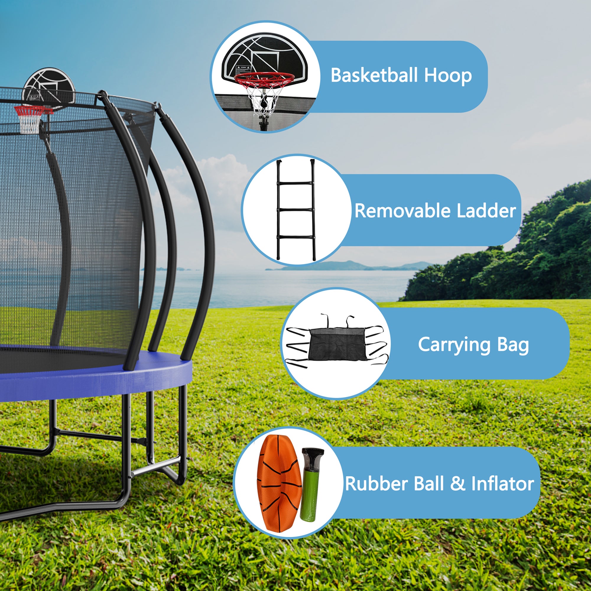 16 ft. Outdoor Blue Round Galvanized Anti-Rust Coating Trampoline with Basketball Hoop with Ladder and Shoe Bag BOMERTP01-BL