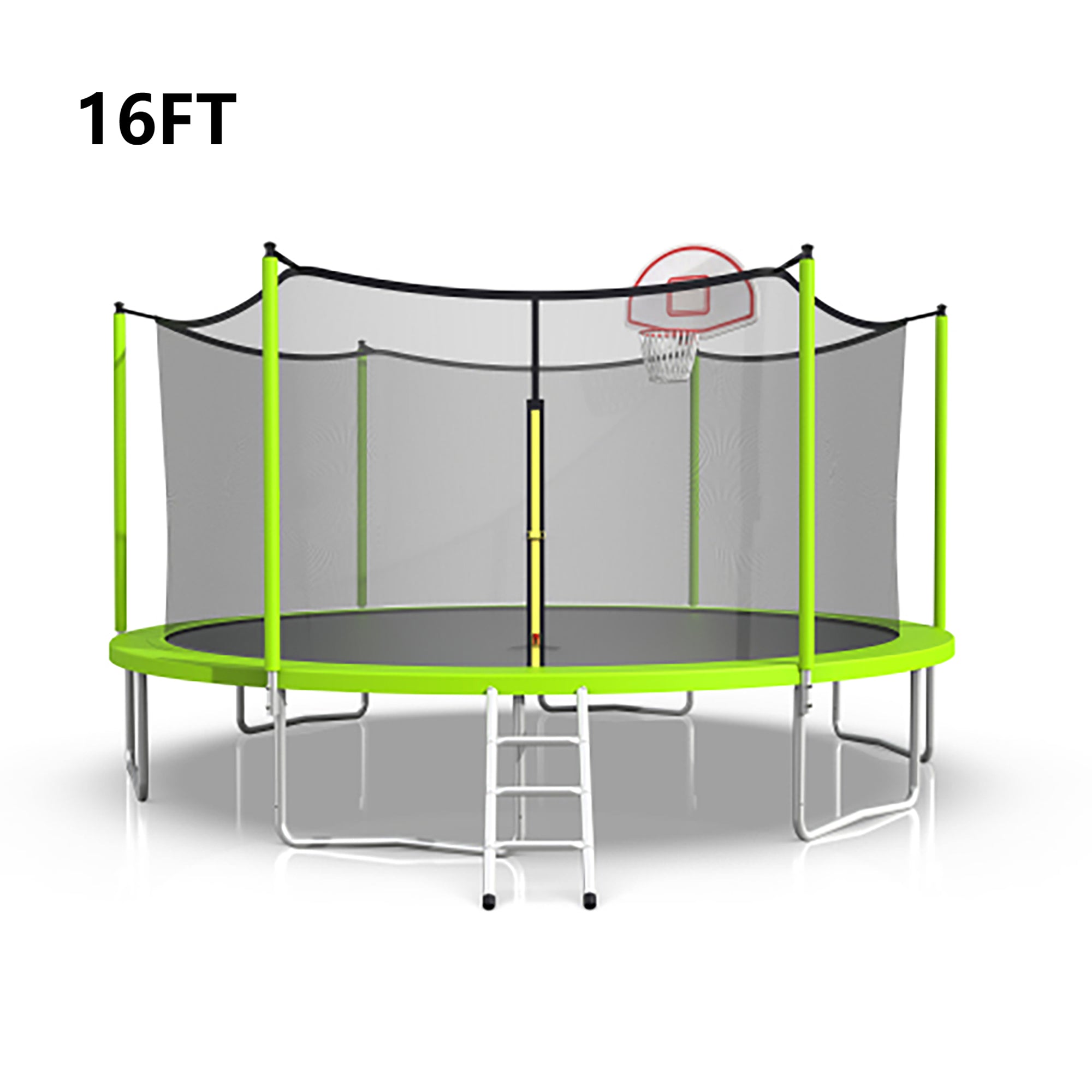 16 ft. Outdoor Green Heavy-Duty Round Trampoline with Enclosure with Basketball Hoop and Ladder BOMERTP02-GRN