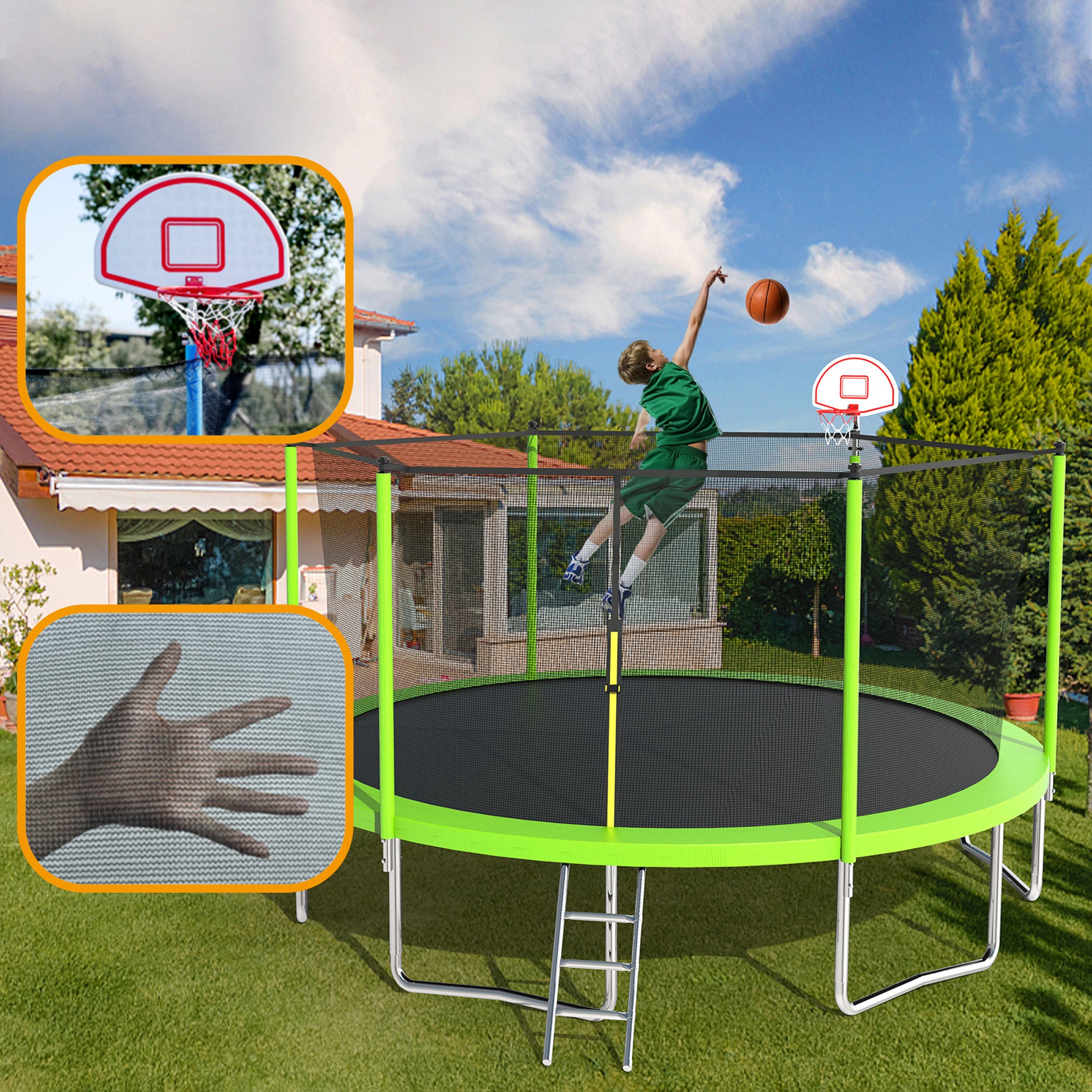 16 ft. Outdoor Green Heavy-Duty Round Trampoline with Enclosure with Basketball Hoop and Ladder BOMERTP02-GRN