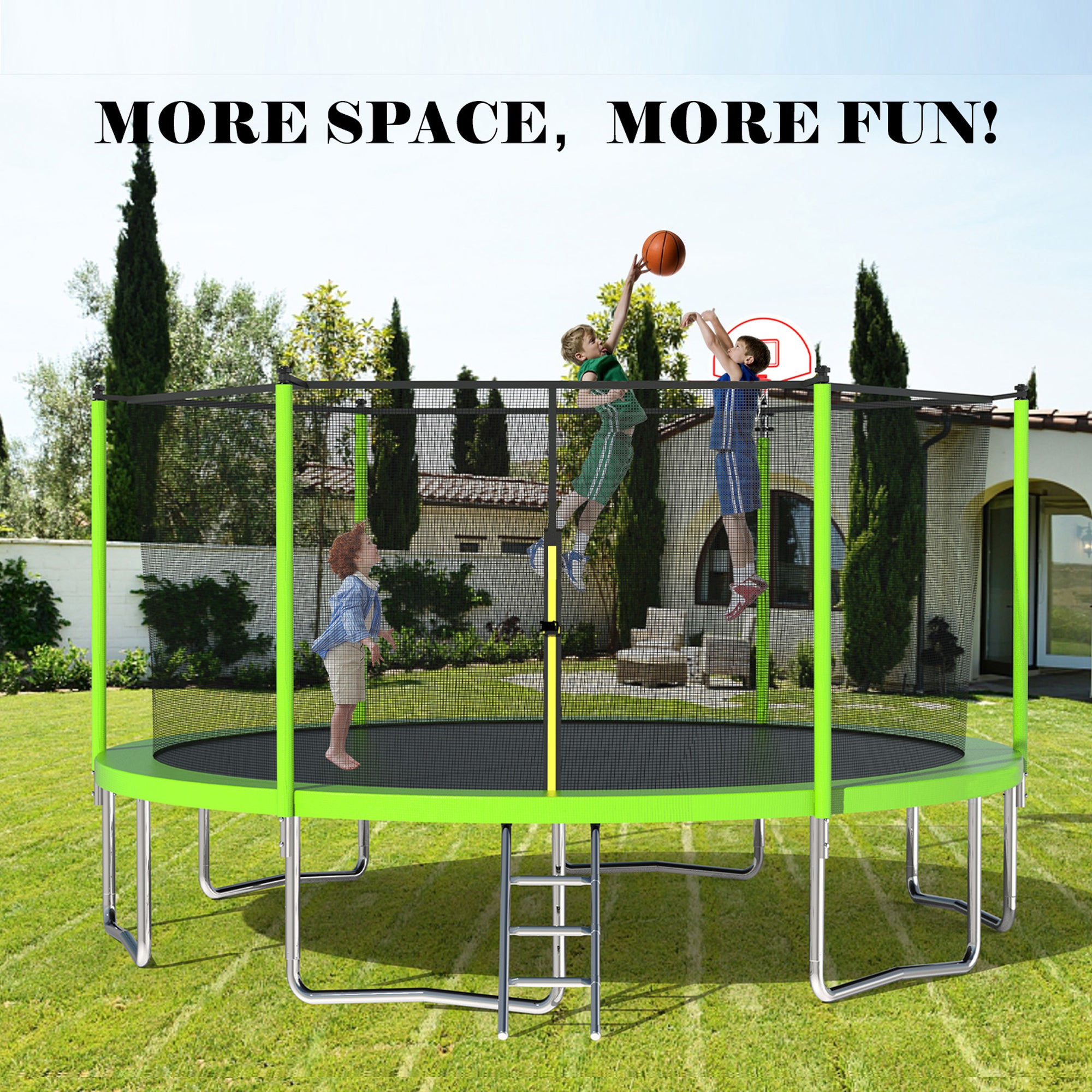 16 ft. Outdoor Green Heavy-Duty Round Trampoline with Enclosure with Basketball Hoop and Ladder BOMERTP02-GRN