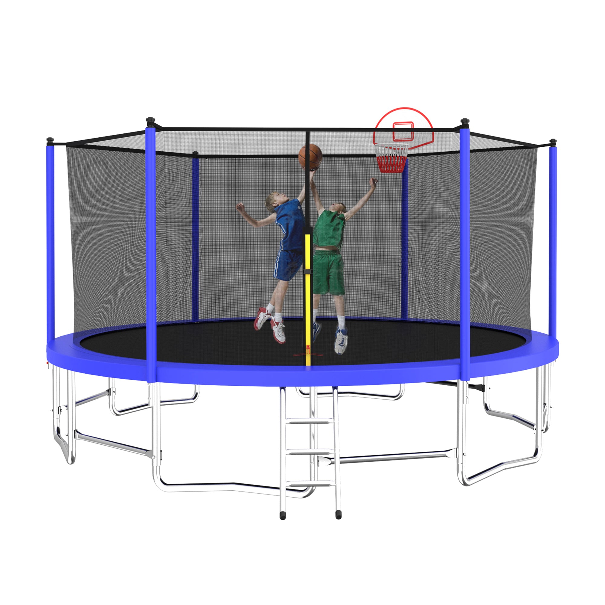 16 ft. Blue 1.5MM Thickened Recreational Trampoline with Balance Bar with Basketball Hoop with Ball and Enclosure Net BOMERTP03-ABL