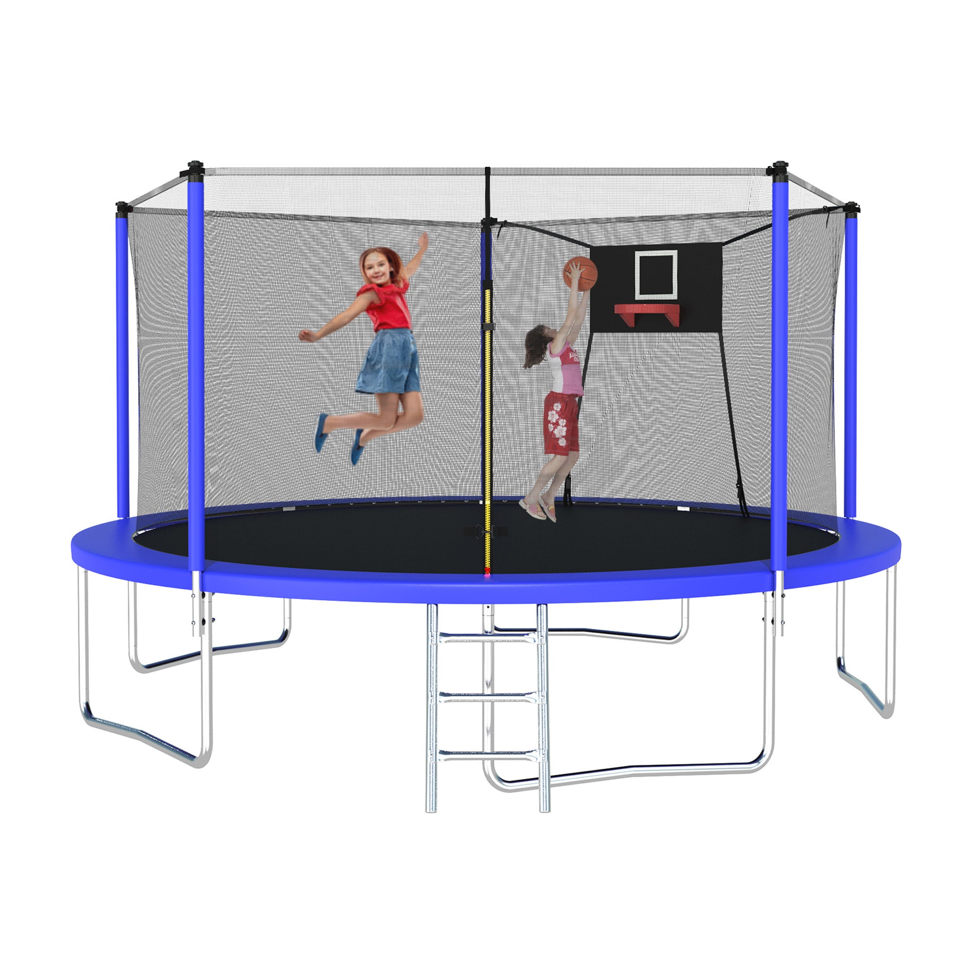 14 ft. Blue Galvanized Anti-Rust OutdoorCoatingTrampoline with Basketball Hoop and Ladder BOMERTP04-BL