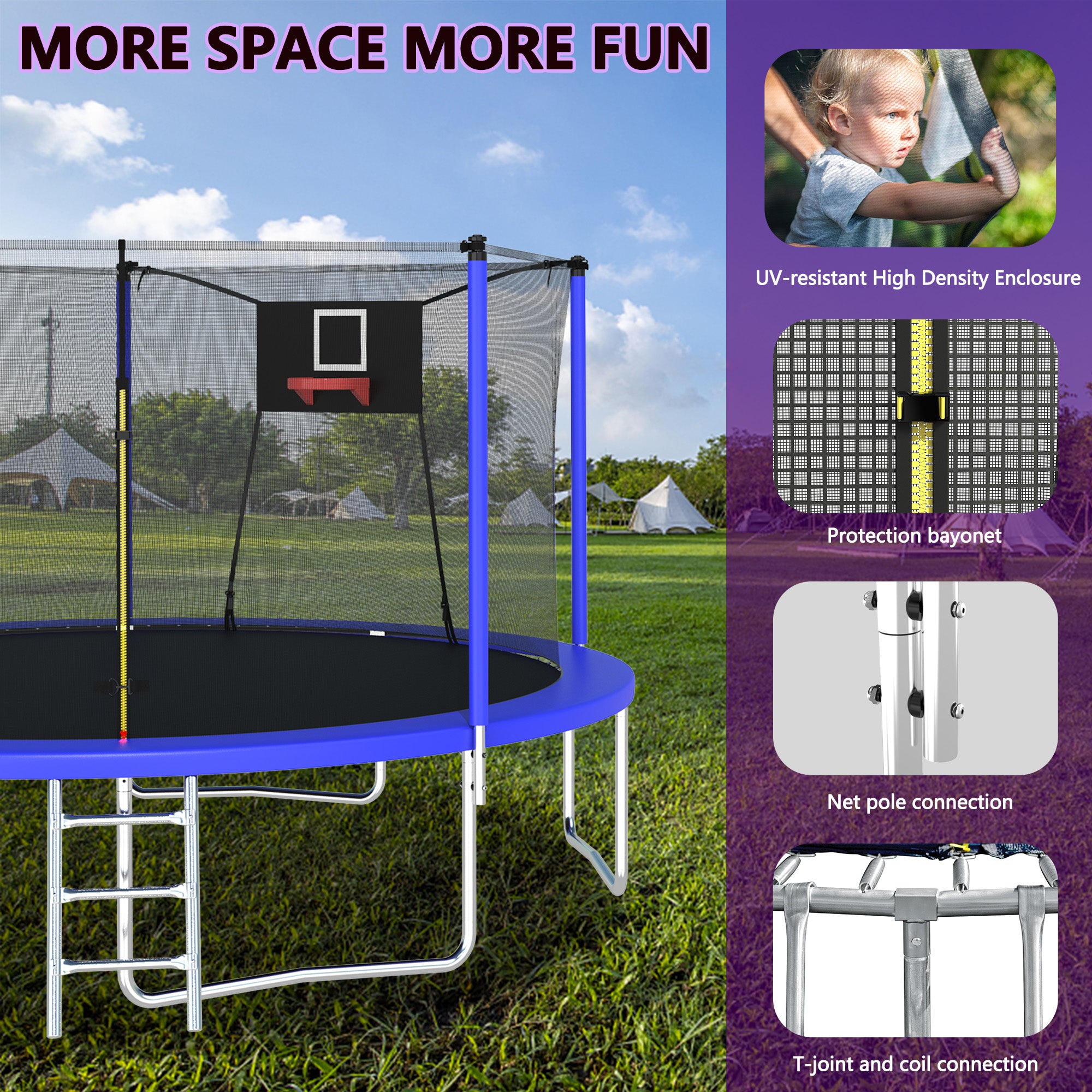 14 ft. Blue Galvanized Anti-Rust OutdoorCoatingTrampoline with Basketball Hoop and Ladder BOMERTP04-BL