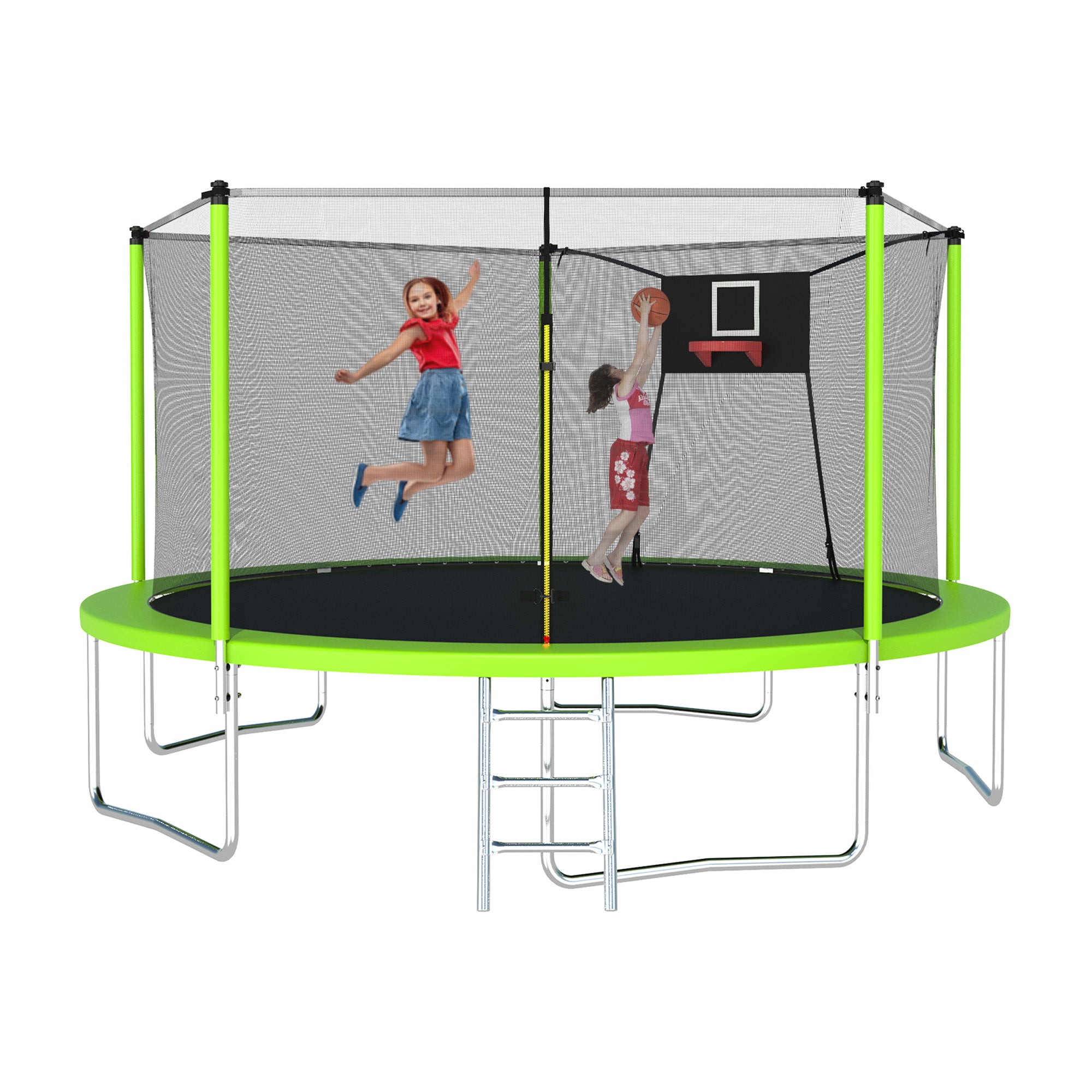 14 ft. Green Galvanized Anti-Rust Outdoor Trampoline with Basketball Hoop and Ladder BOMERTP04-GRN