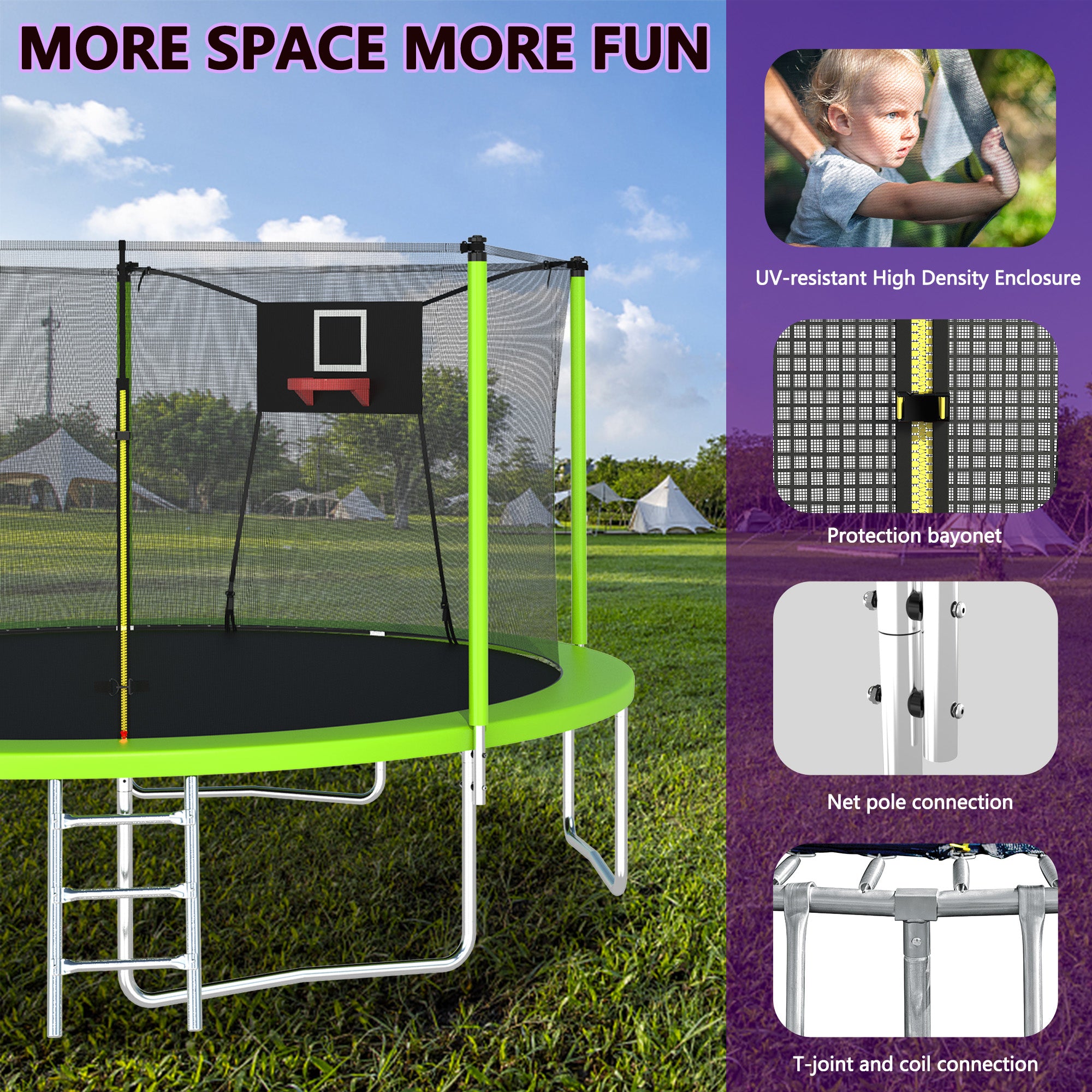 14 ft. Green Galvanized Anti-Rust Outdoor Trampoline with Basketball Hoop and Ladder BOMERTP04-GRN