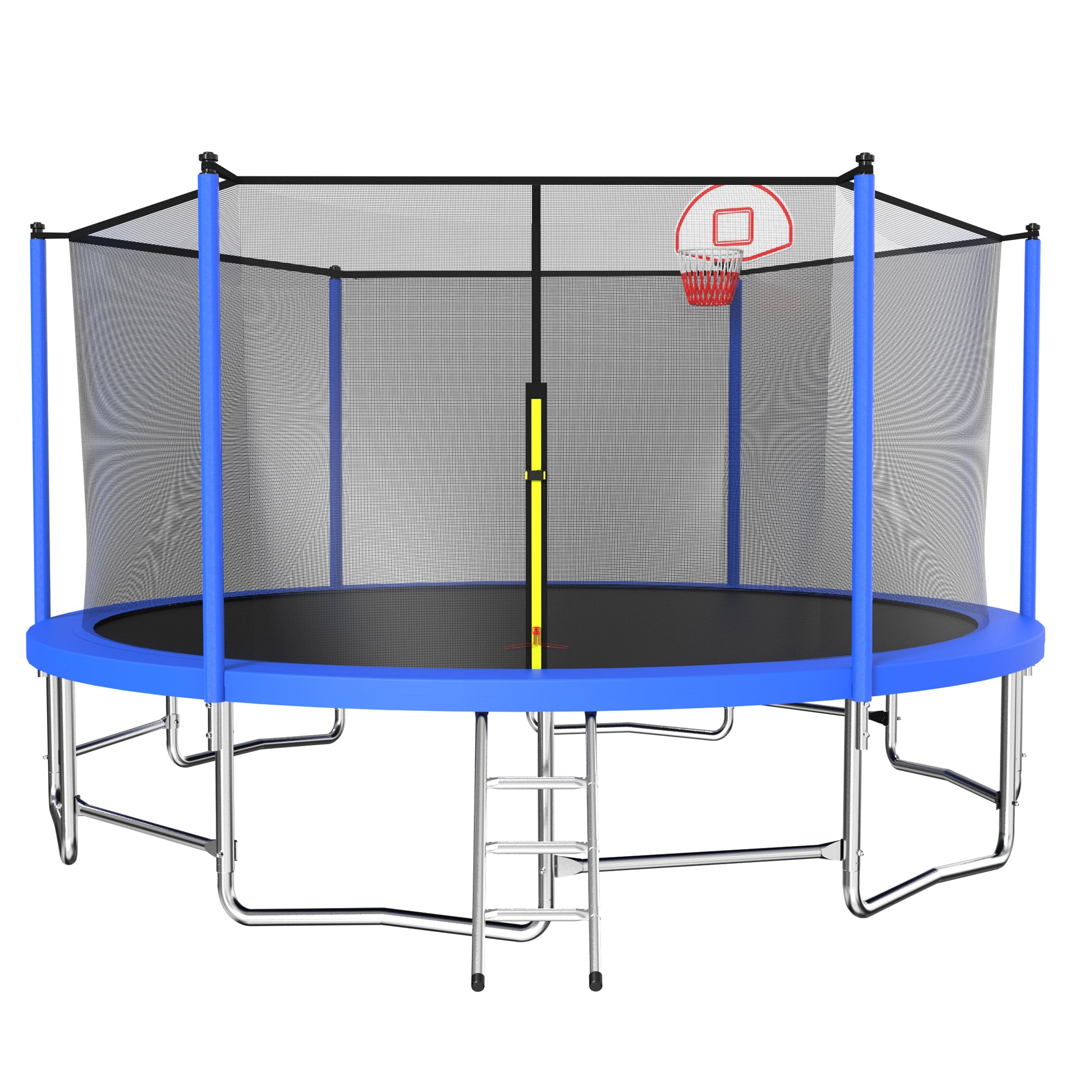 15 ft. Blue Galvanized Anti-Rust Outdoor Round Trampoline with Basketball Hoop with Ladder and Enclosure Net BOMERTP14-ABL