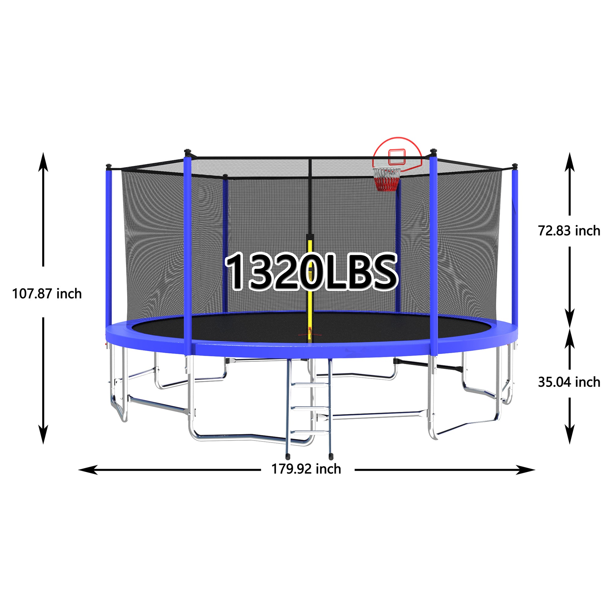 15 ft. Blue Galvanized Anti-Rust Outdoor Round Trampoline with Basketball Hoop with Ladder and Enclosure Net BOMERTP14-ABL