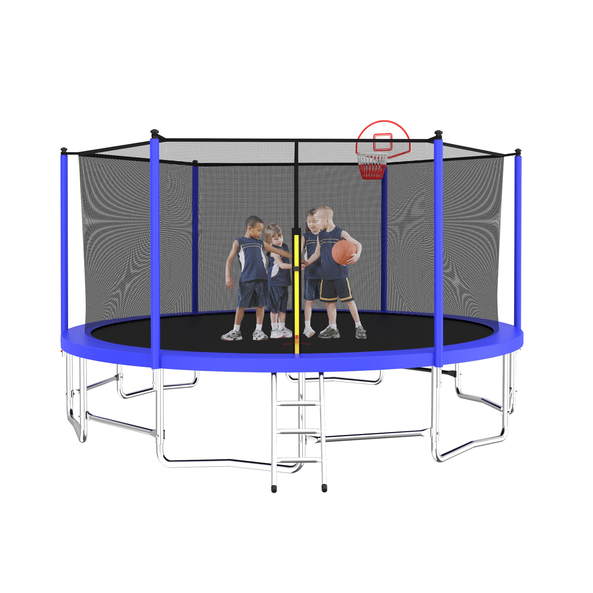 15 ft. Blue Galvanized Anti-Rust Outdoor Round Trampoline with Basketball Hoop with Ladder and Enclosure Net BOMERTP14-ABL