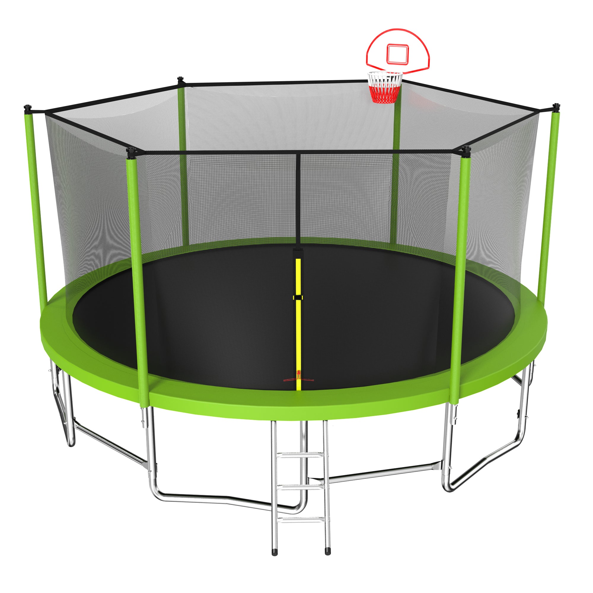 15 ft. Green Galvanized Anti-Rust Outdoor Round Trampoline with Basketball Hoop with Ladder and Enclosure Net BOMERTP14-AGN