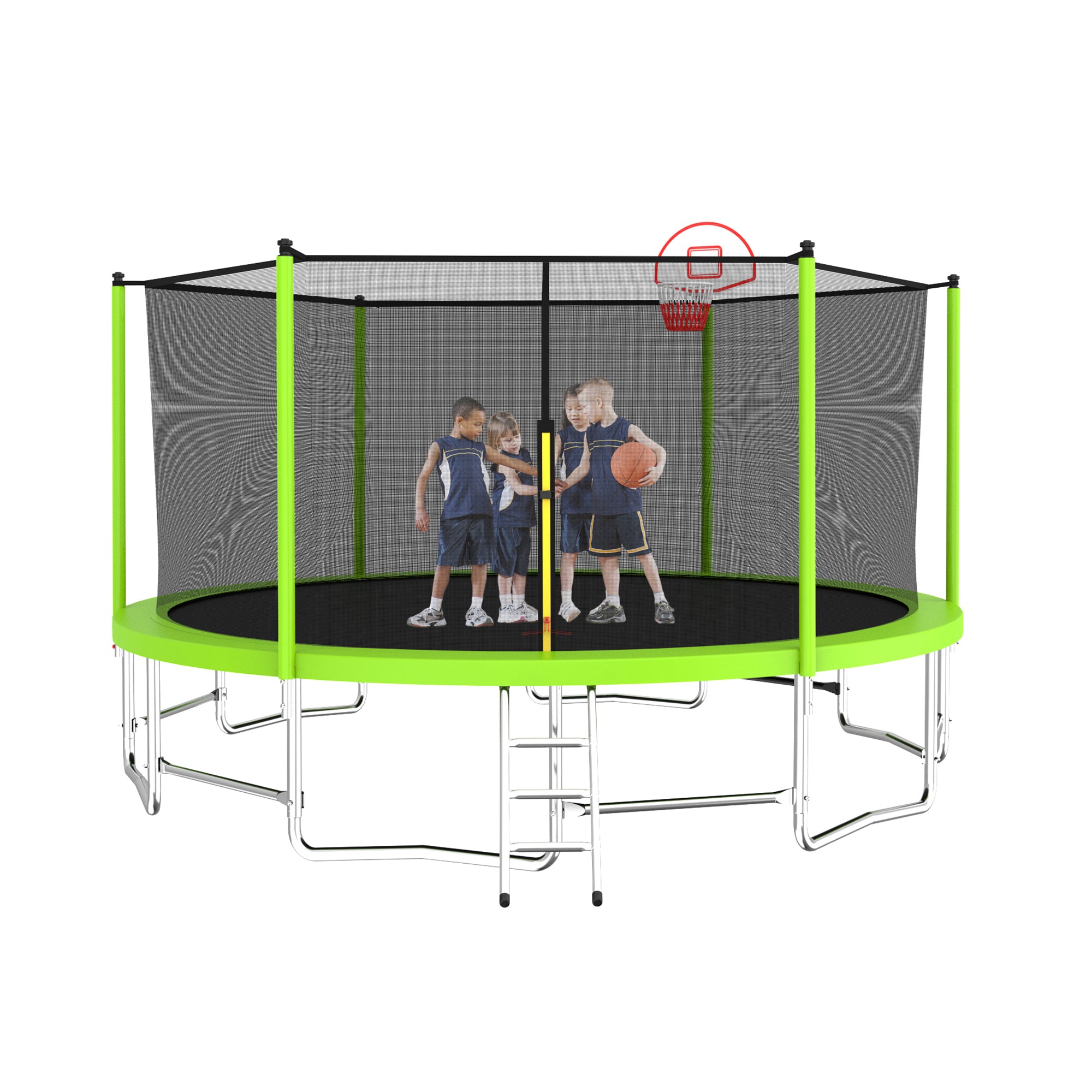 15 ft. Green Galvanized Anti-Rust Outdoor Round Trampoline with Basketball Hoop with Ladder and Enclosure Net BOMERTP14-AGN