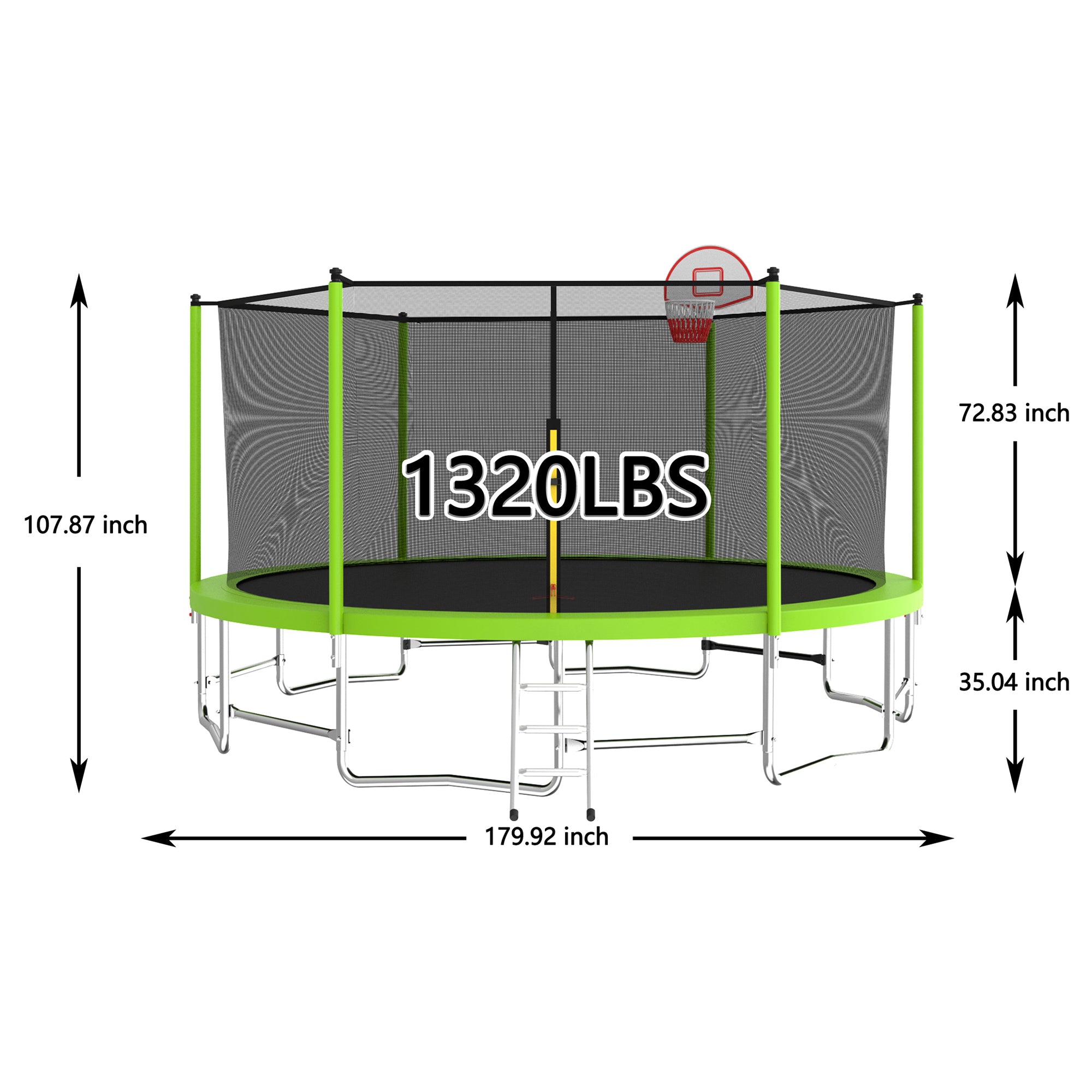 15 ft. Green Galvanized Anti-Rust Outdoor Round Trampoline with Basketball Hoop with Ladder and Enclosure Net BOMERTP14-AGN