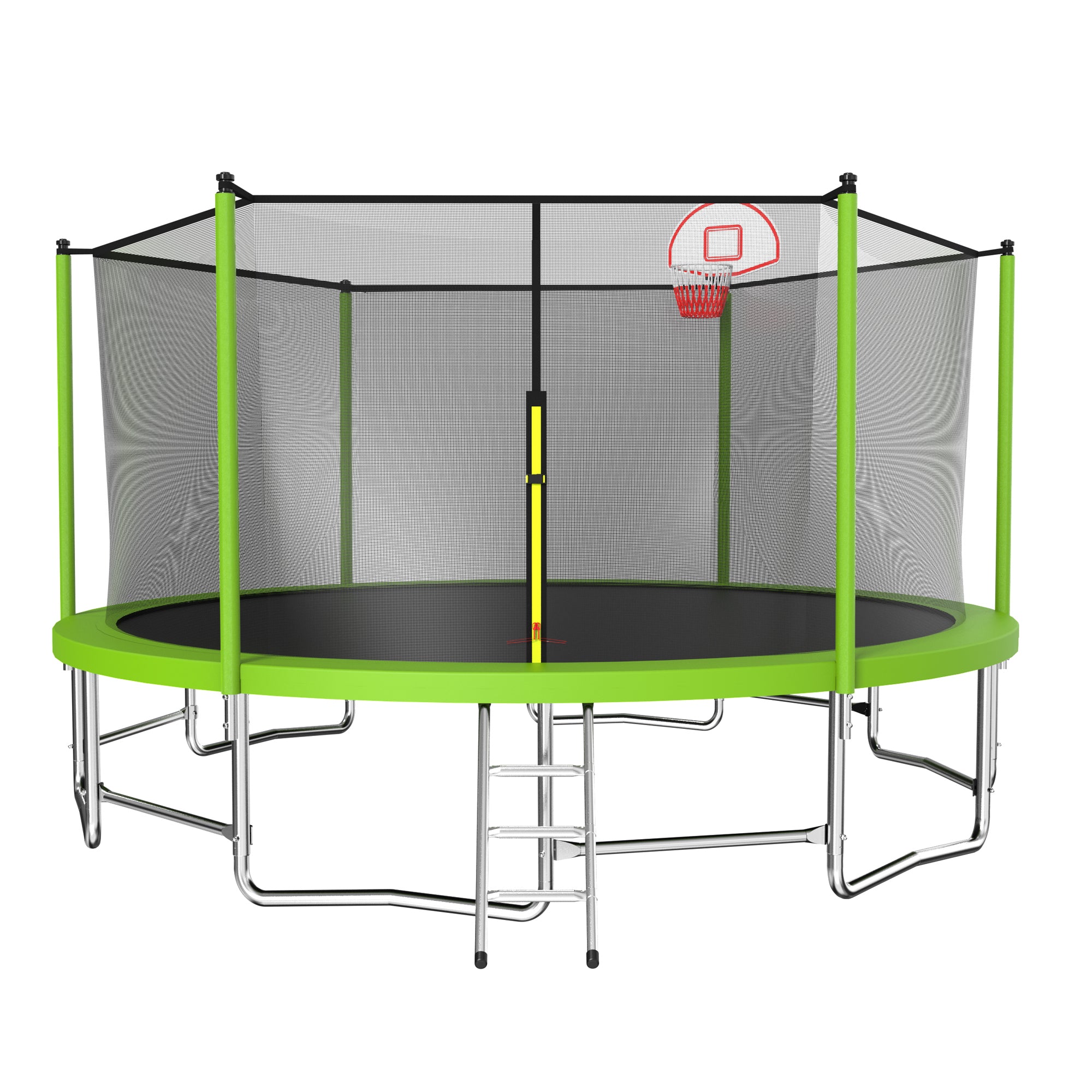 15 ft. Green Galvanized Anti-Rust Outdoor Round Trampoline with Basketball Hoop with Ladder and Enclosure Net BOMERTP14-AGN