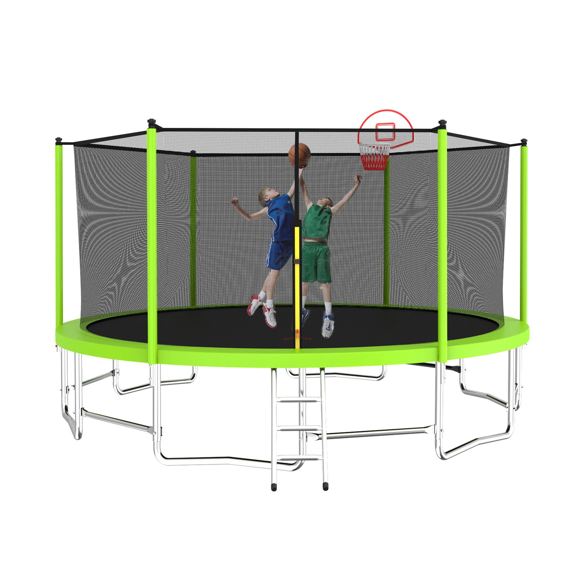 15 ft. Green Galvanized Anti-Rust Outdoor Round Trampoline with Basketball Hoop with Ladder and Enclosure Net BOMERTP15-AGN