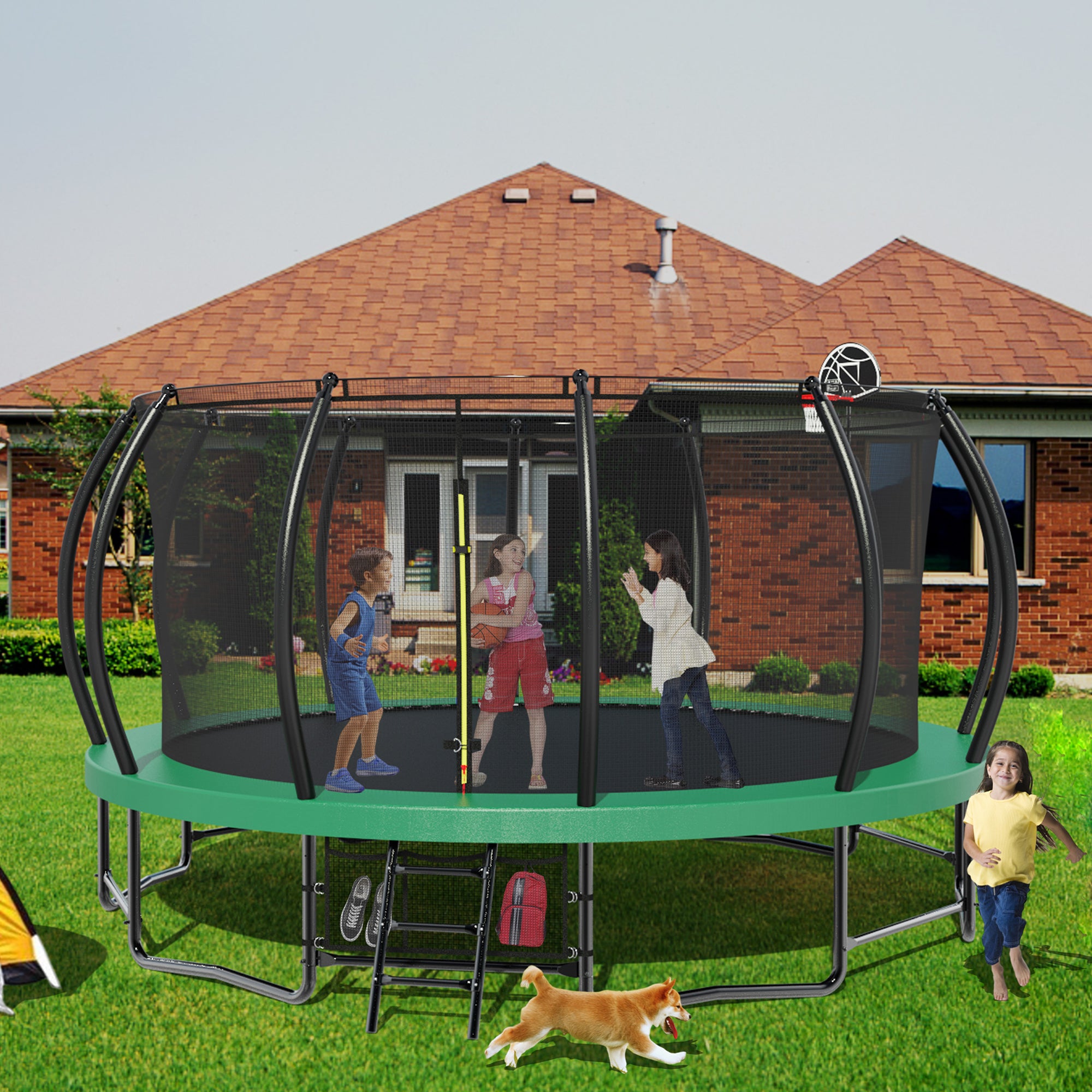 15 ft. Green Galvanized Anti-Rust Outdoor Round Coating Trampoline with Basketball Hoop with Ladder and Shoe Bag BOMERTP20AMGRN