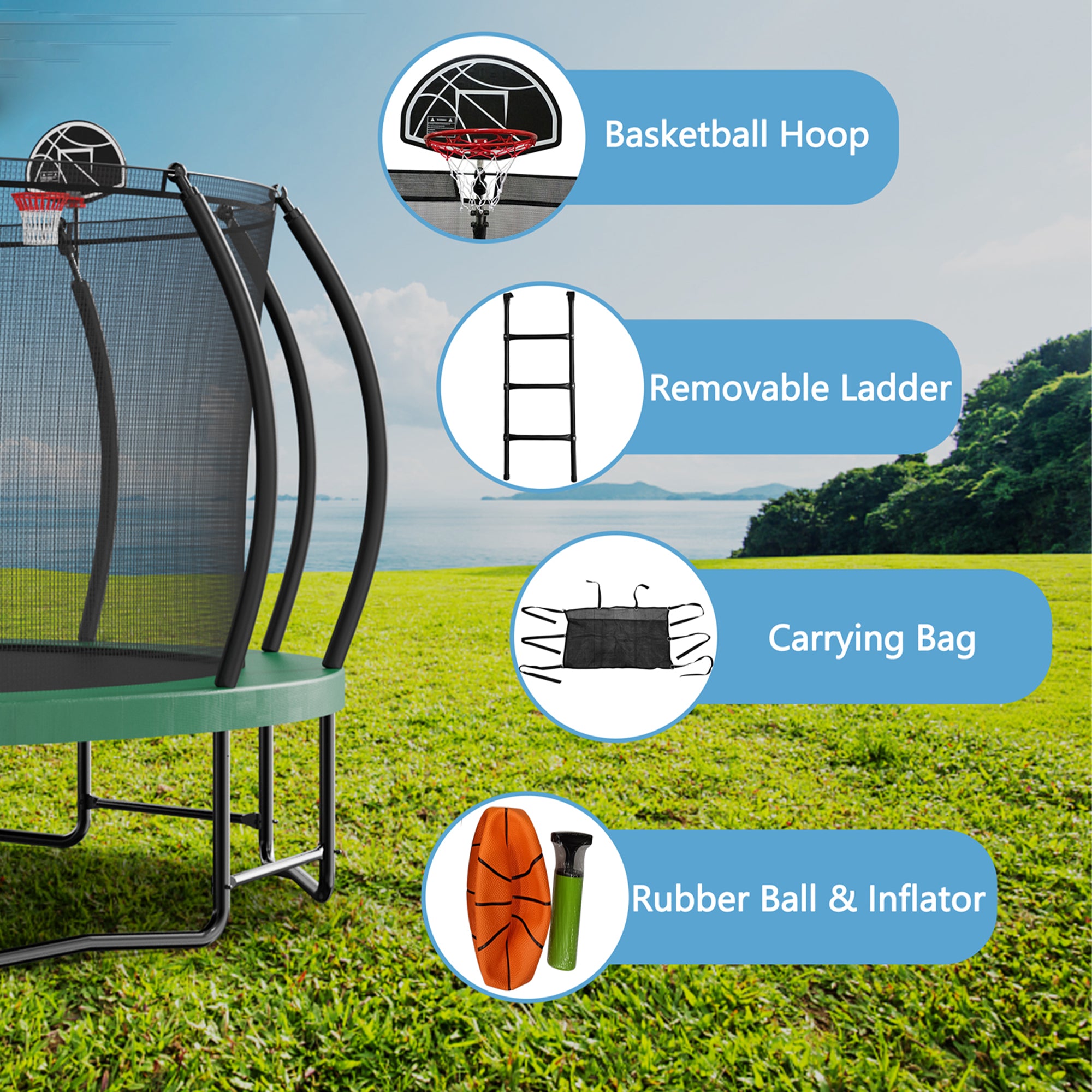 15 ft. Green Galvanized Anti-Rust Outdoor Round Coating Trampoline with Basketball Hoop with Ladder and Shoe Bag BOMERTP20AMGRN