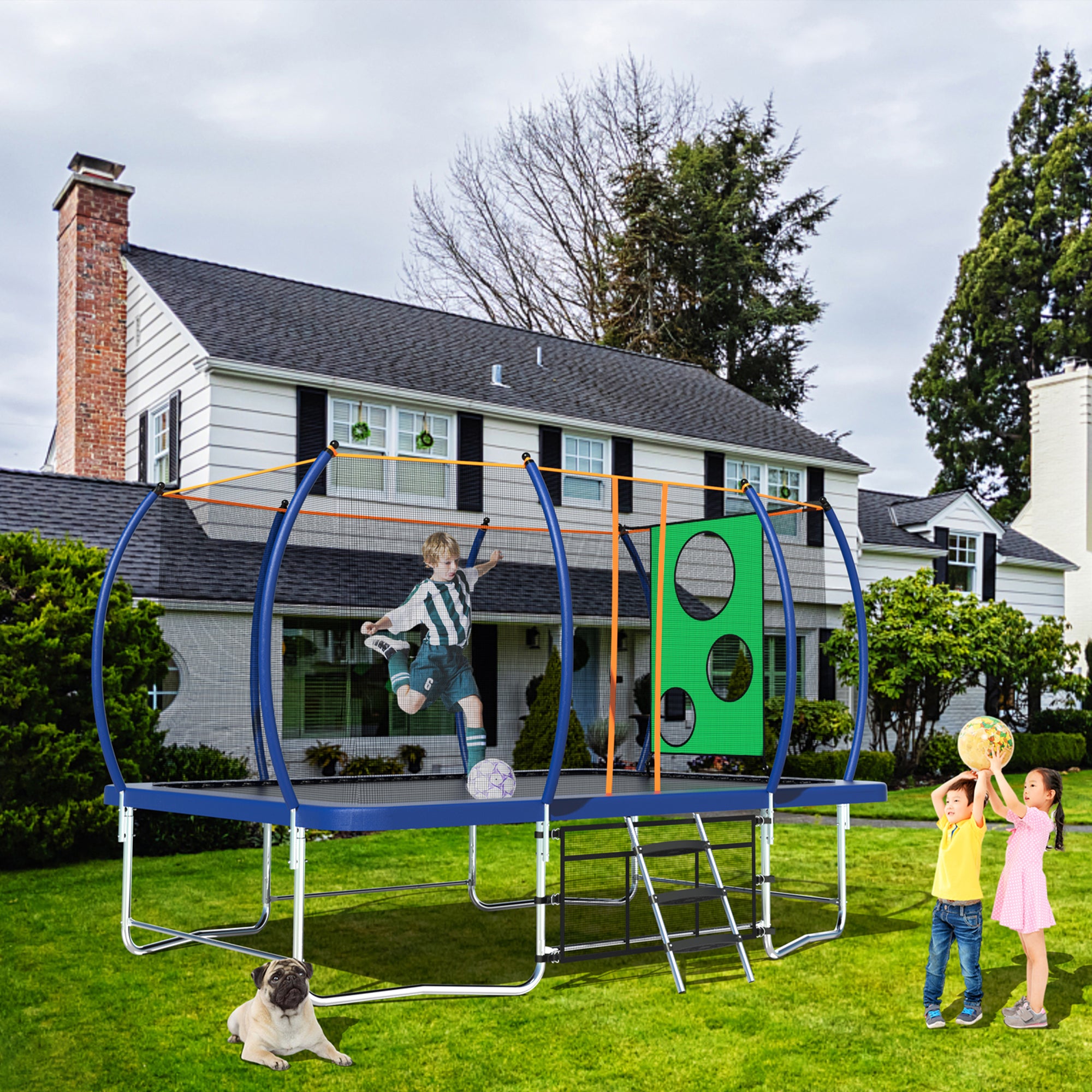 8 ft. x 14 ft. Blue Galvanized Anti-Rust Outdoor Rectangle Coating Trampoline with Enclosure and Ladder BOMERTP34-BL