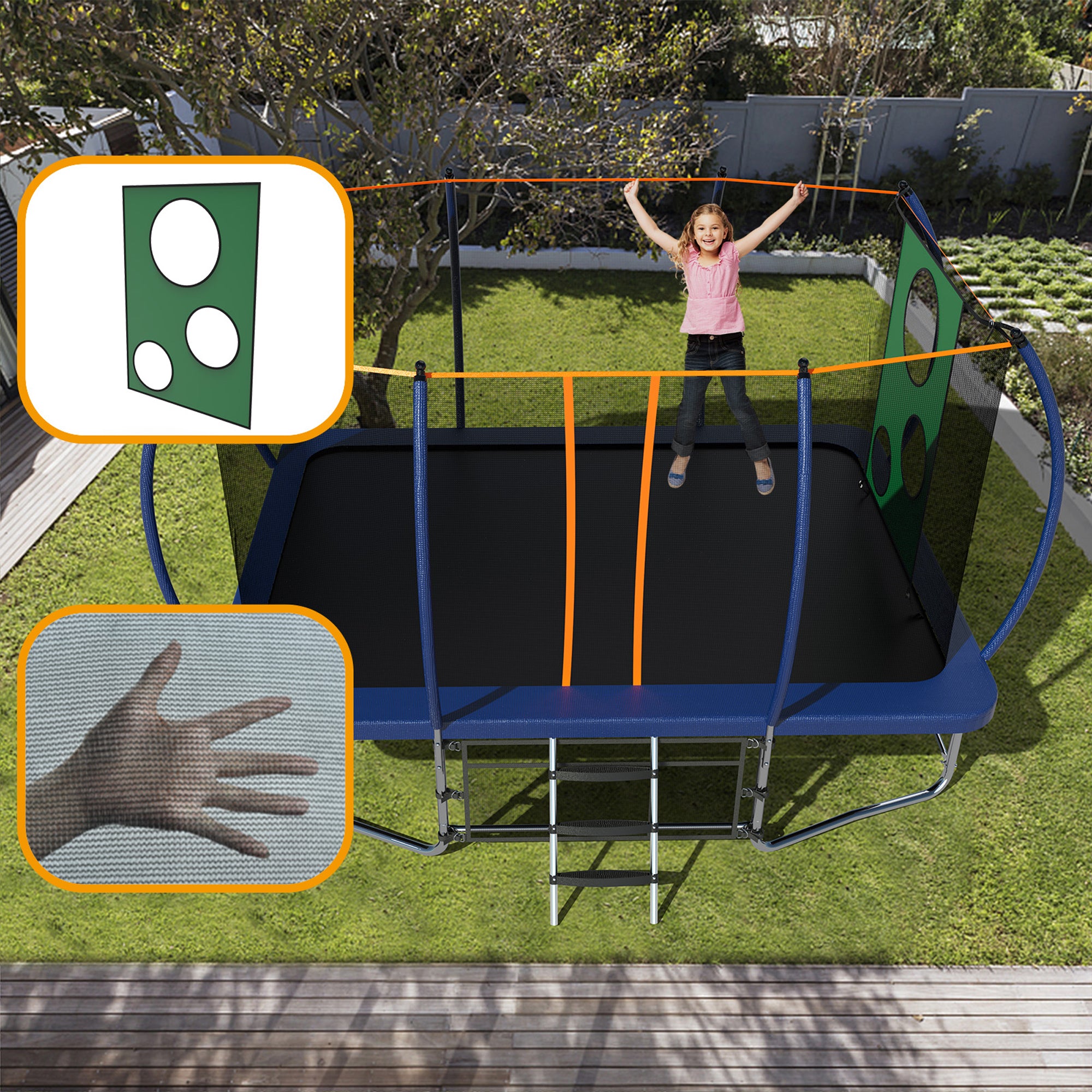 8 ft. x 14 ft. Blue Galvanized Anti-Rust Outdoor Rectangle Coating Trampoline with Enclosure and Ladder BOMERTP34-BL