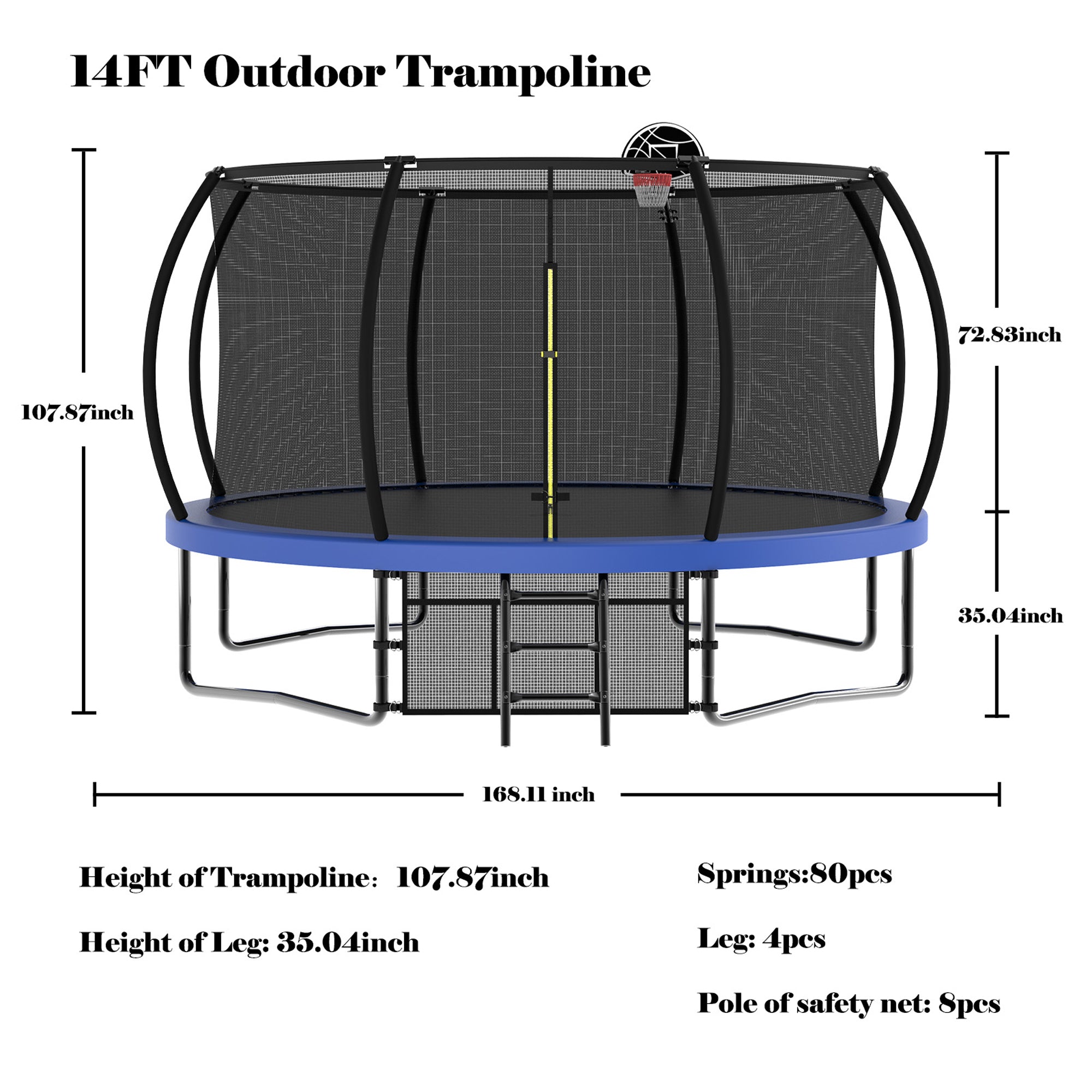 14 ft. Blue Galvanized Anti-Rust Outdoor Round Coating Trampoline with Basketball Hoop with Ladder and Shoe Bag BOMERTP46-BL