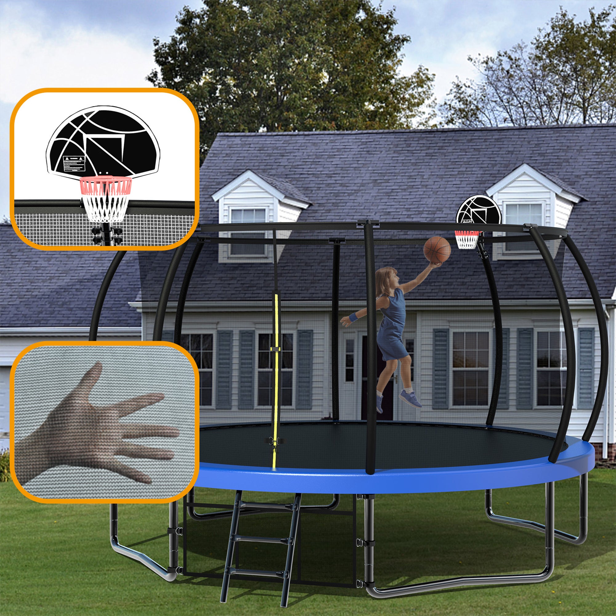 14 ft. Blue Galvanized Anti-Rust Outdoor Round Coating Trampoline with Basketball Hoop with Ladder and Shoe Bag BOMERTP46-BL