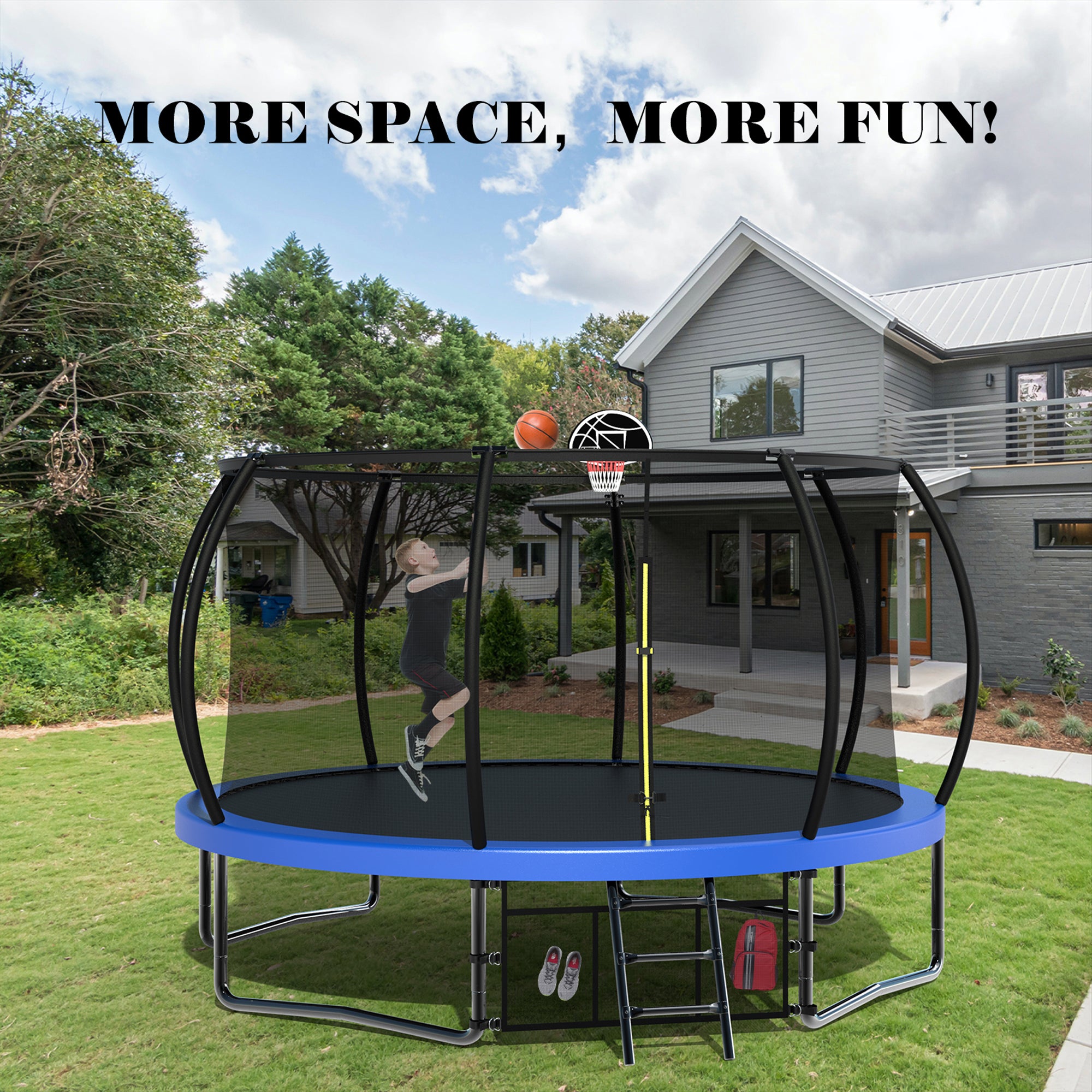 14 ft. Blue Galvanized Anti-Rust Outdoor Round Coating Trampoline with Basketball Hoop with Ladder and Shoe Bag BOMERTP46-BL