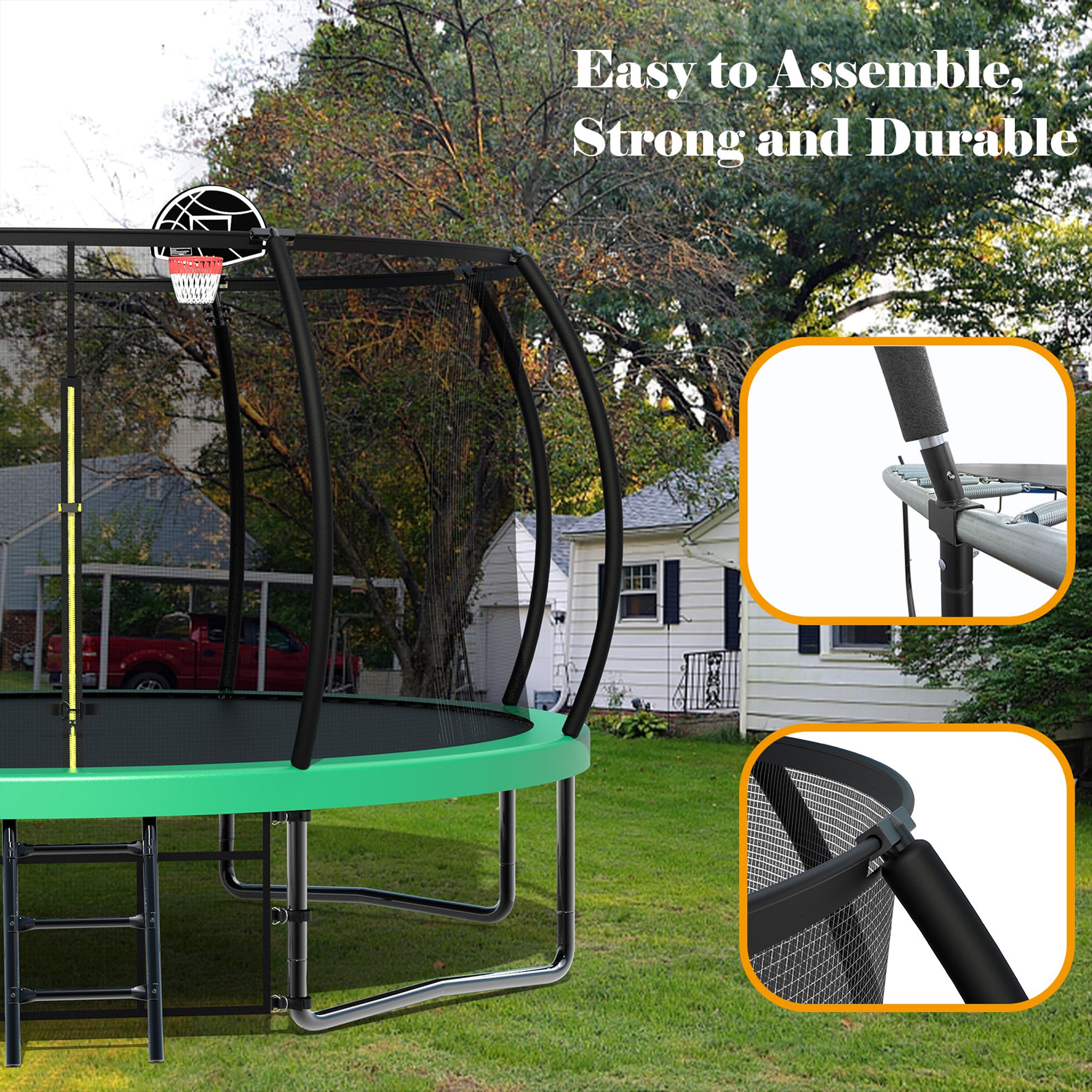 14 ft. Green Galvanized Anti-Rust Outdoor Round Coating Trampoline with Basketball Hoop with Ladder and Shoe Bag BOMERTP46-GRN