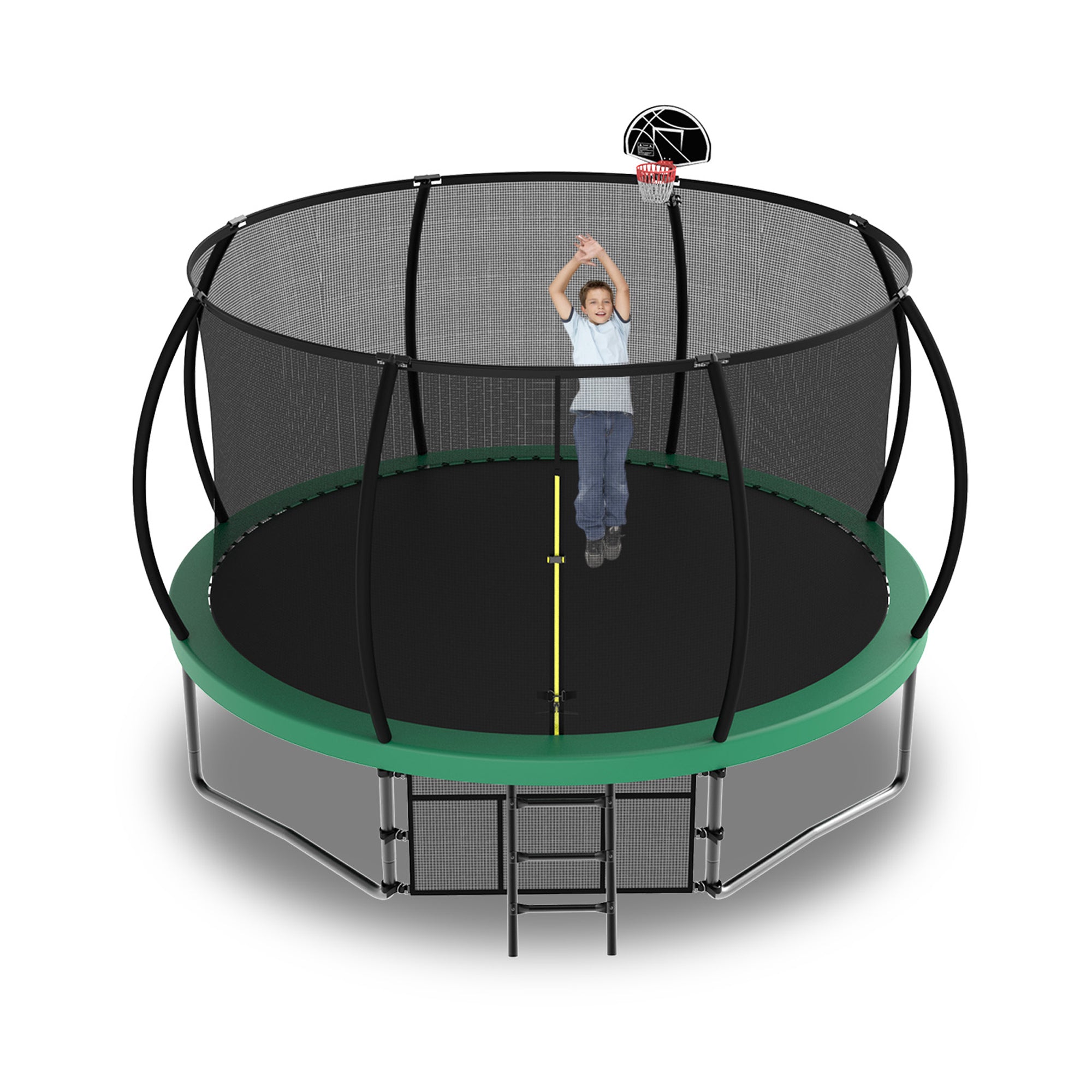 14 ft. Green Galvanized Anti-Rust Outdoor Round Coating Trampoline with Basketball Hoop with Ladder and Shoe Bag BOMERTP46-GRN