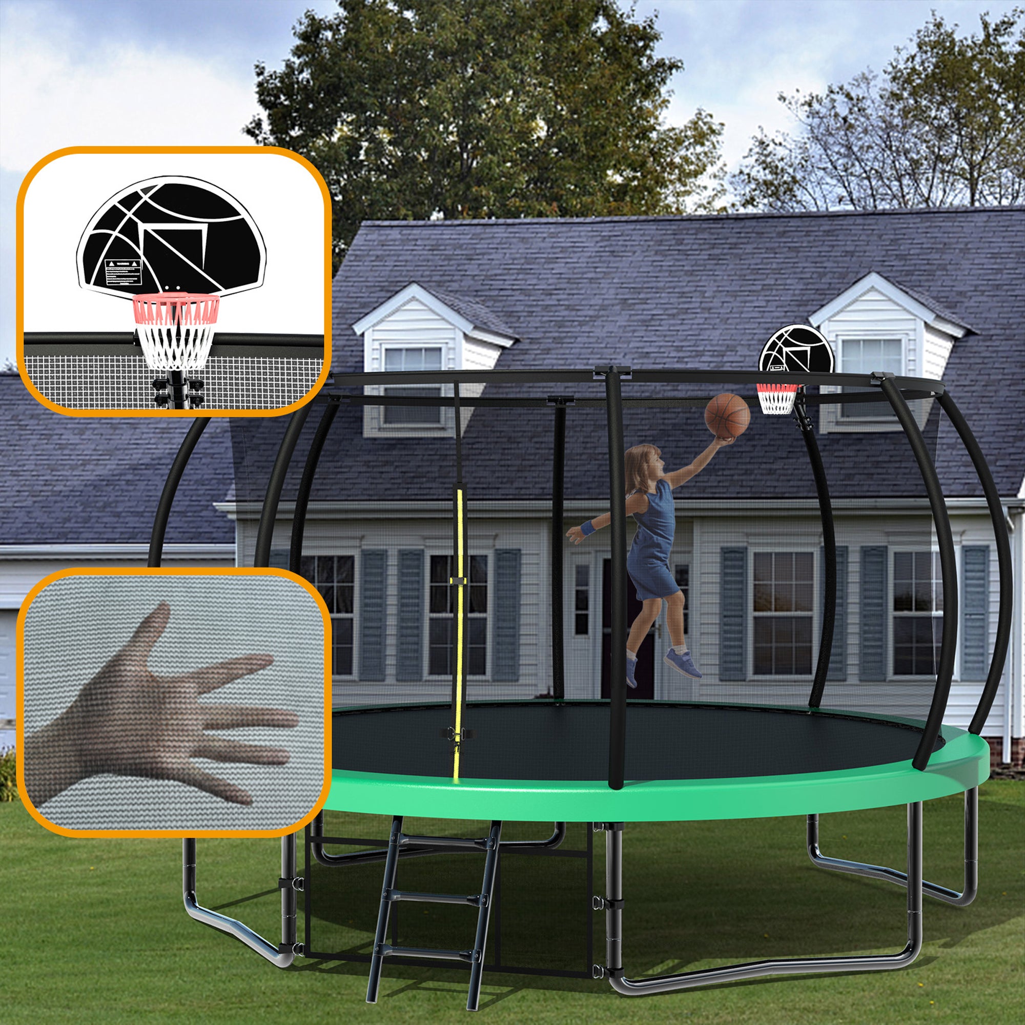 14 ft. Green Galvanized Anti-Rust Outdoor Round Coating Trampoline with Basketball Hoop with Ladder and Shoe Bag BOMERTP46-GRN