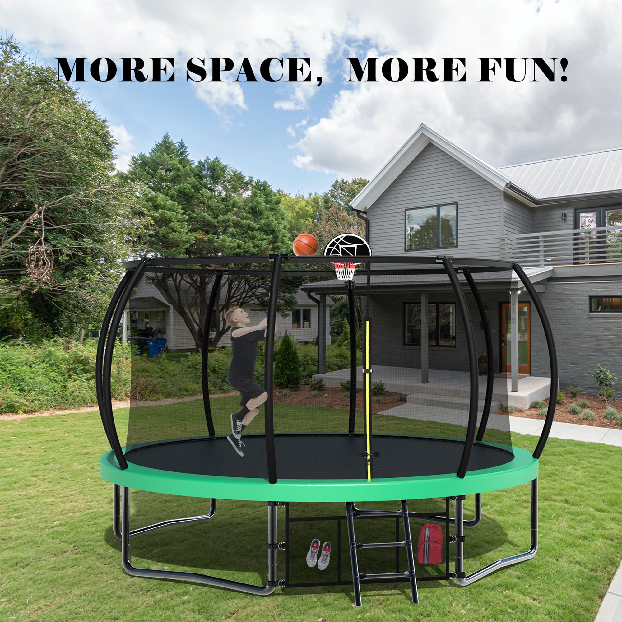 14 ft. Green Galvanized Anti-Rust Outdoor Round Coating Trampoline with Basketball Hoop with Ladder and Shoe Bag BOMERTP46-GRN