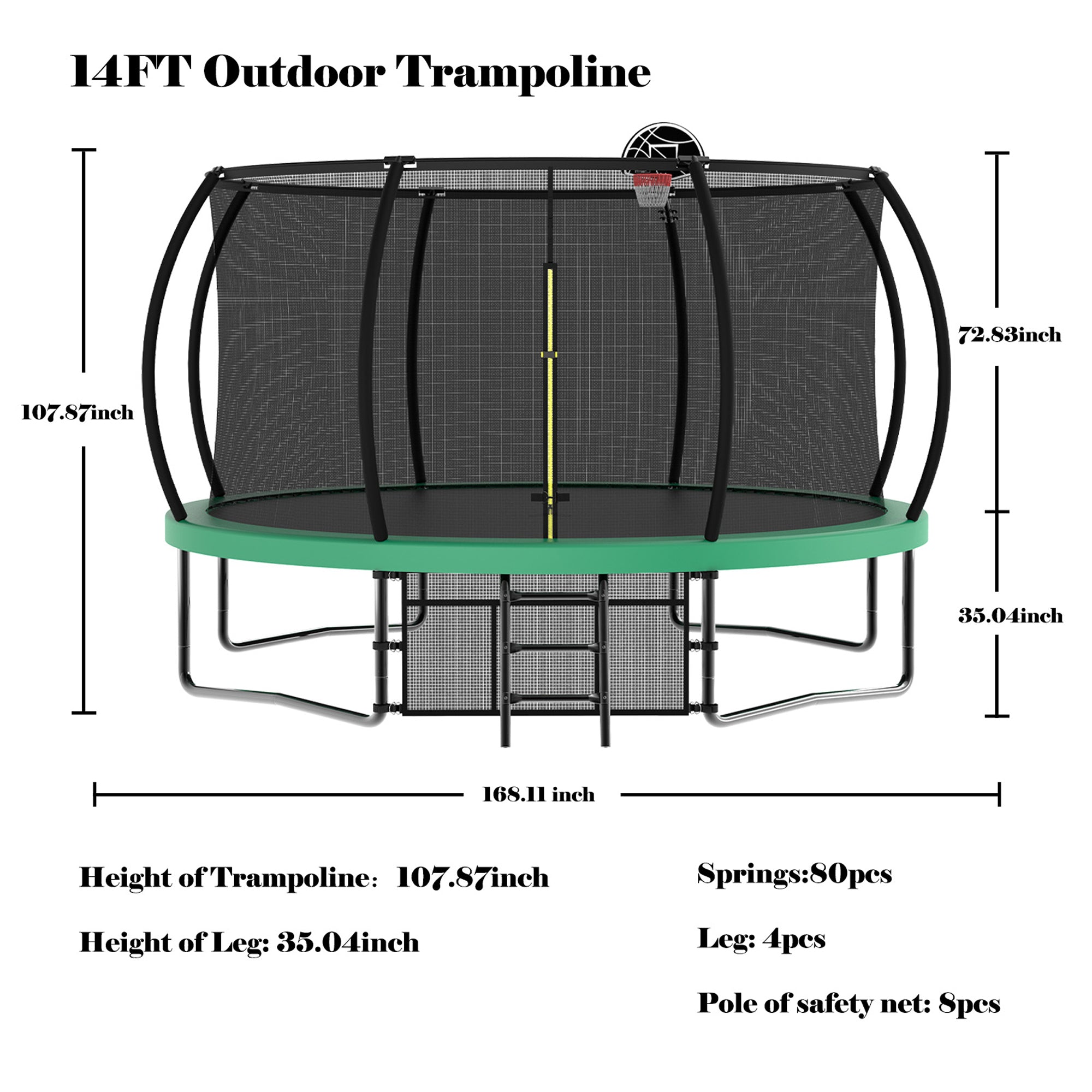 14 ft. Green Galvanized Anti-Rust Outdoor Round Coating Trampoline with Basketball Hoop with Ladder and Shoe Bag BOMERTP46-GRN