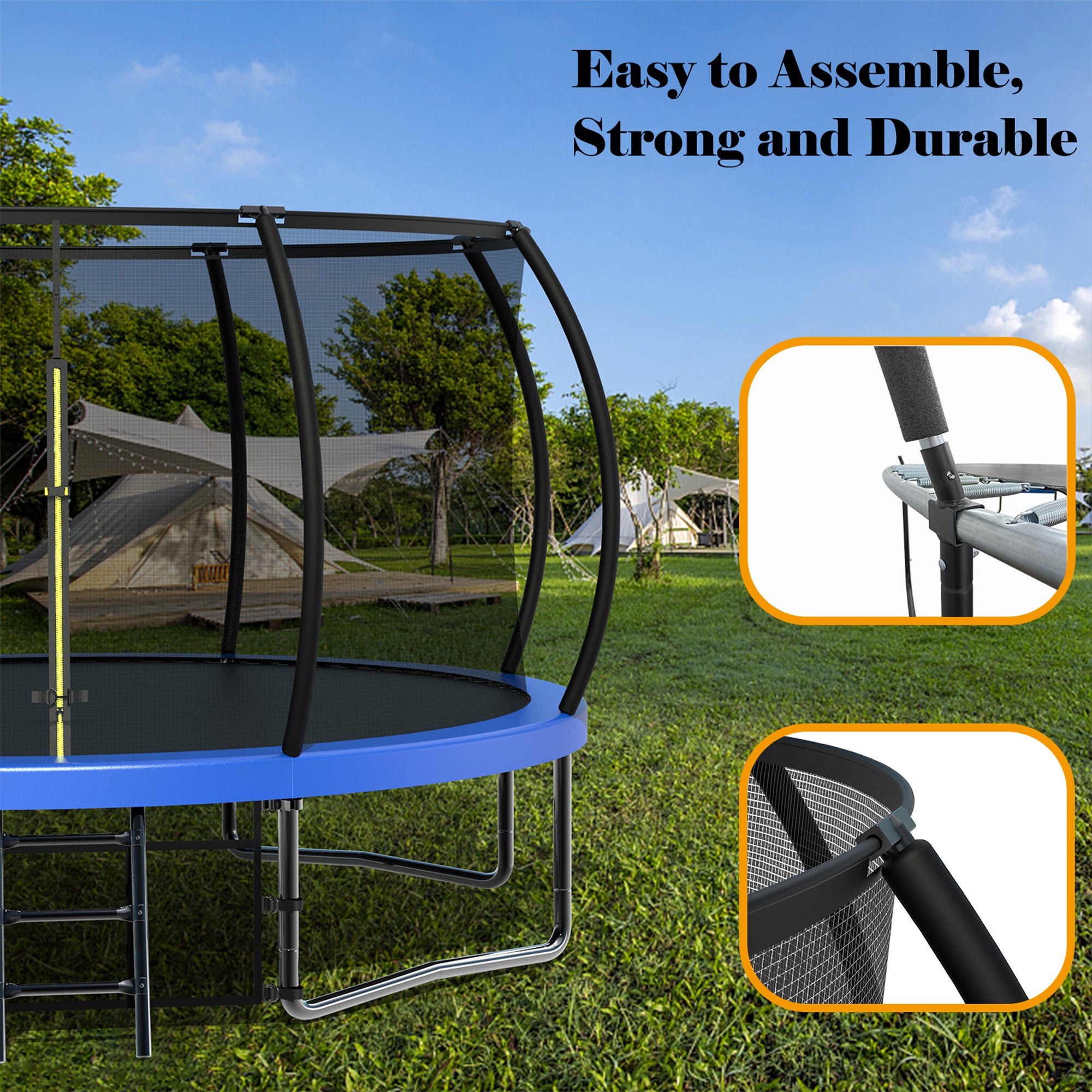 12 ft. Blue Galvanized Anti-Rust Outdoor Round Trampoline with Balance Bar with Basketball Hoop and Carriage Bag  BOMERTP47-BL