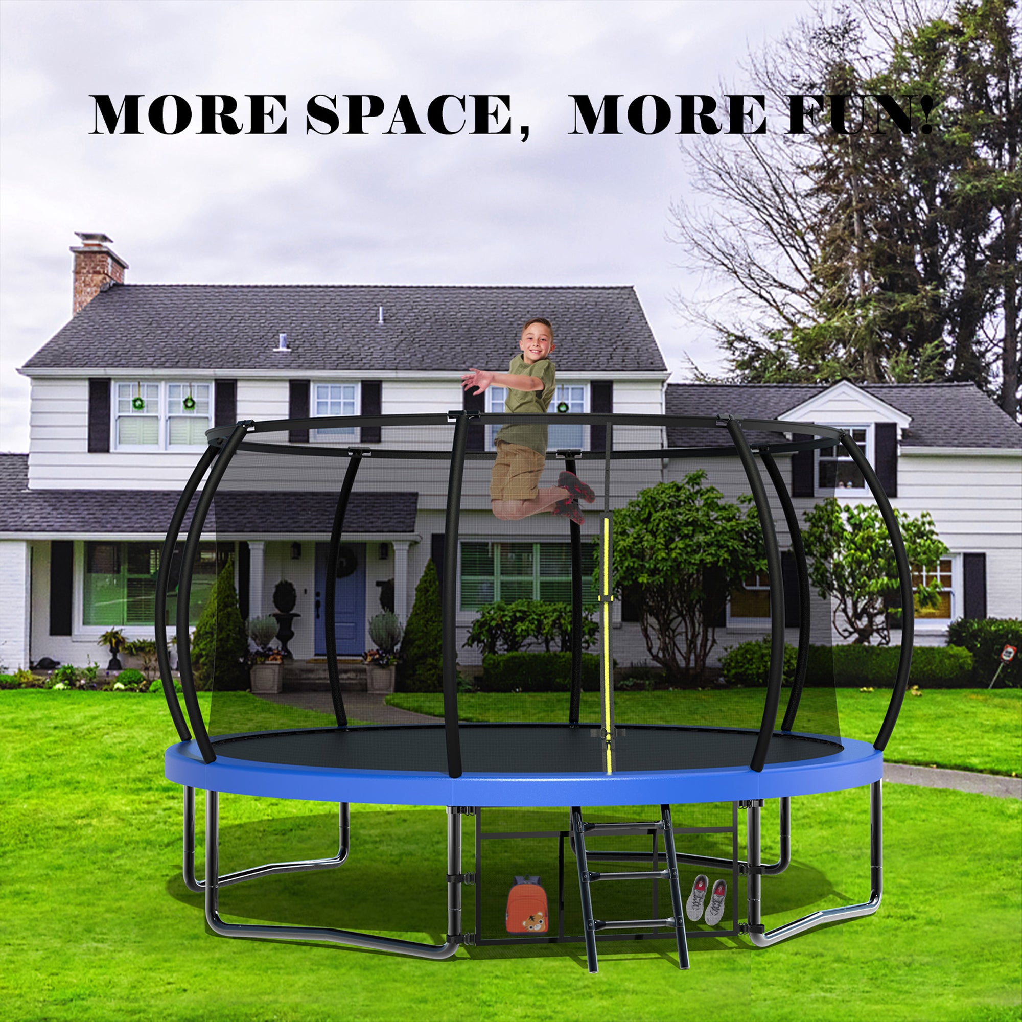 12 ft. Blue Galvanized Anti-Rust Outdoor Round Trampoline with Balance Bar with Basketball Hoop and Carriage Bag  BOMERTP47-BL