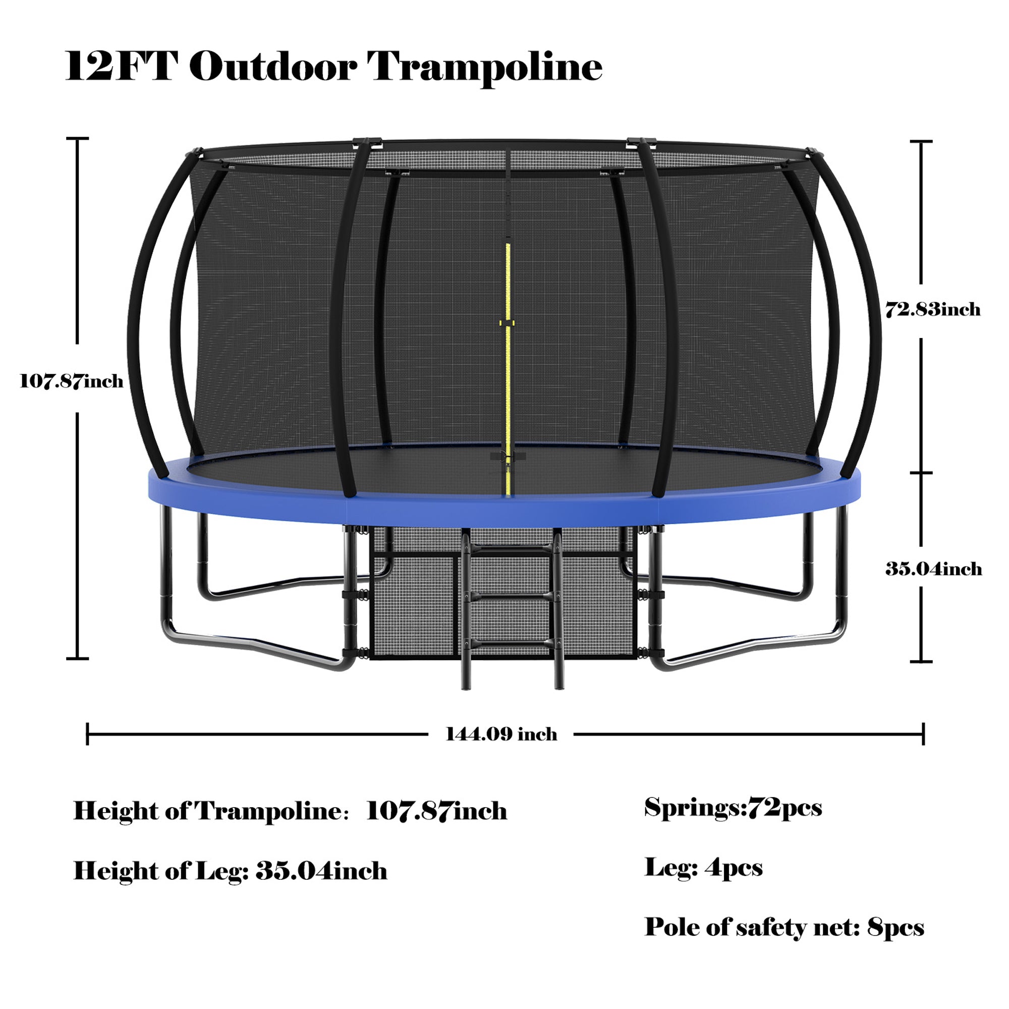 12 ft. Blue Galvanized Anti-Rust Outdoor Round Trampoline with Balance Bar with Basketball Hoop and Carriage Bag  BOMERTP47-BL