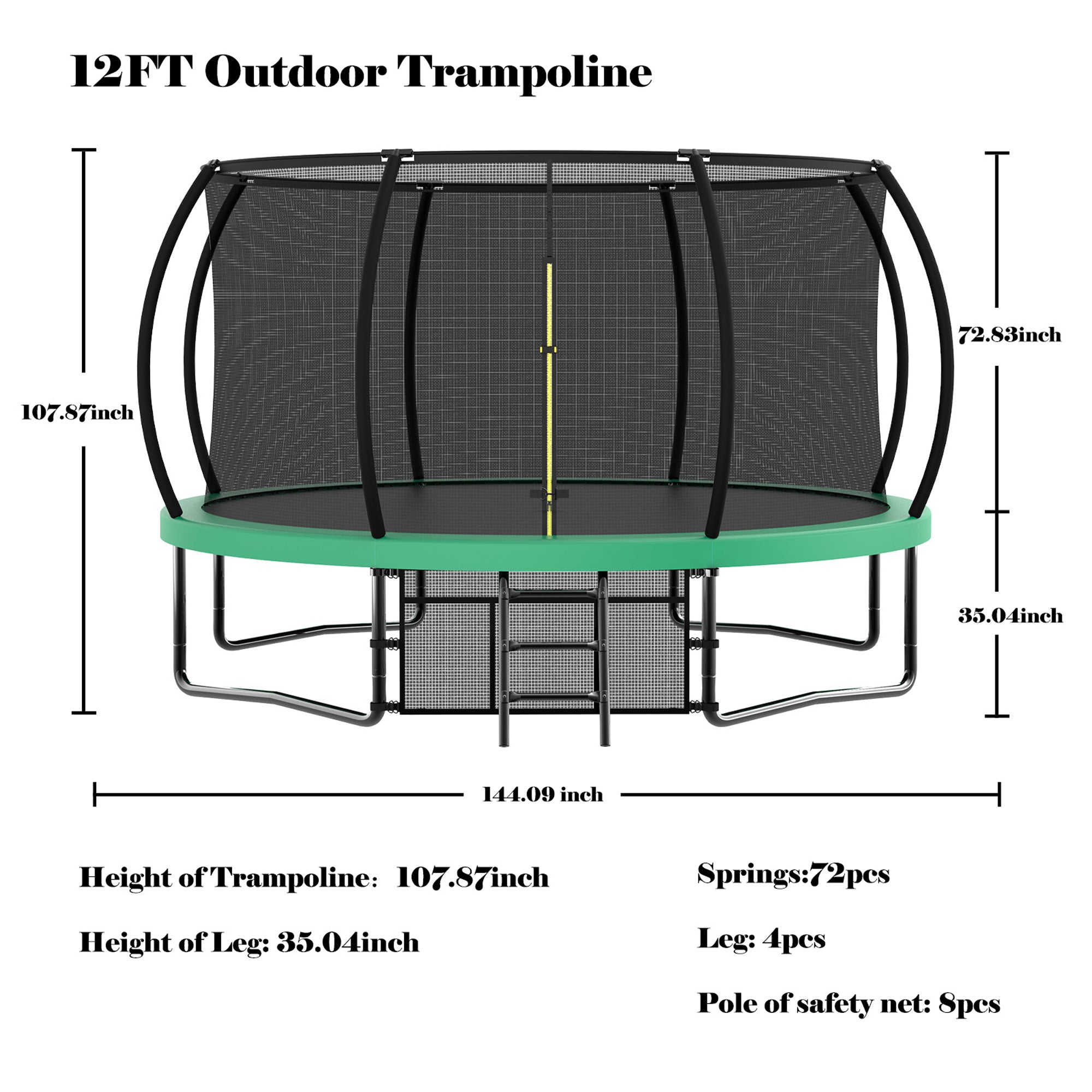 12 ft. Green Galvanized Anti-Rust Outdoor Round Trampoline with Balance Bar with Enclosure Net and Carriage Bag BOMERTP47-GRN