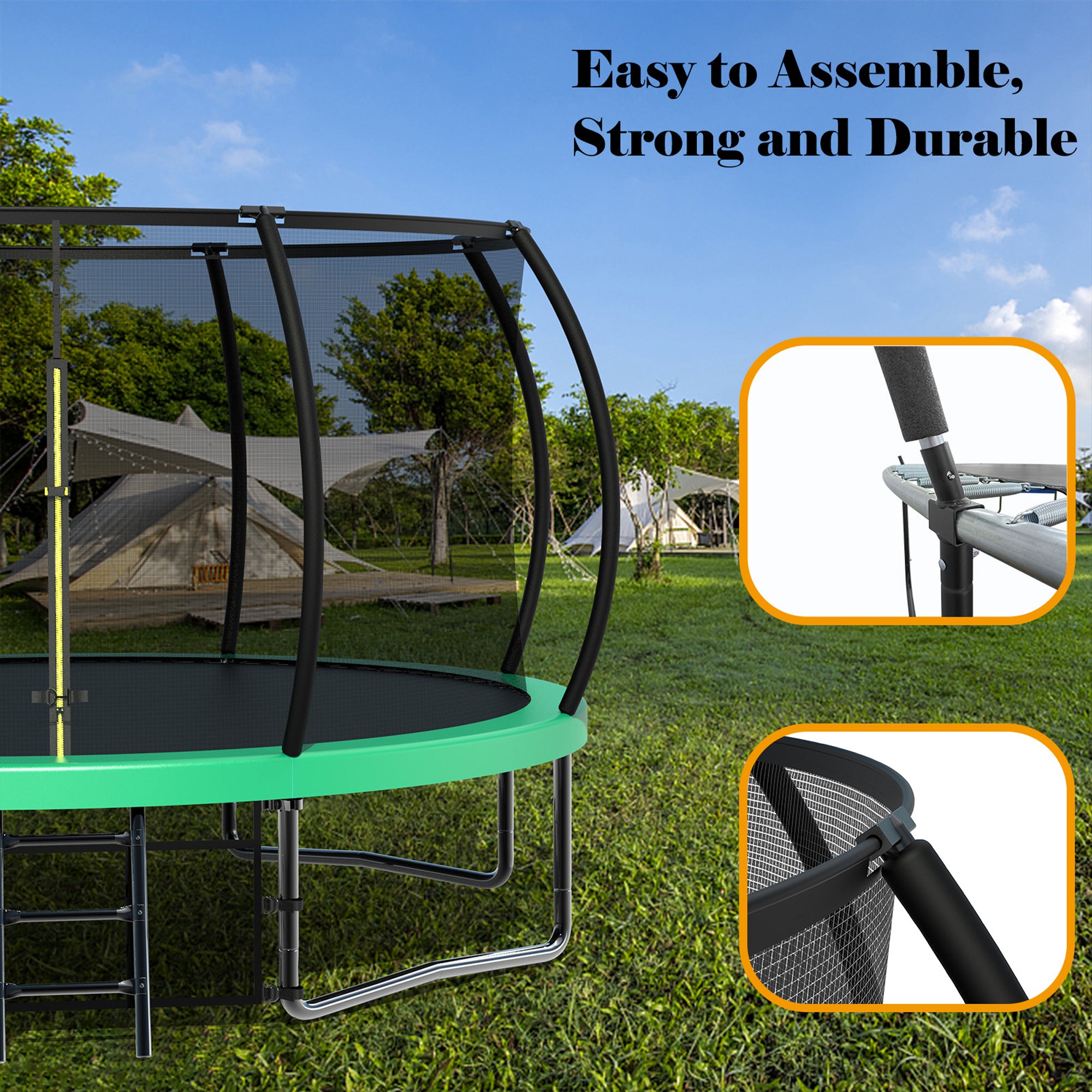 12 ft. Green Galvanized Anti-Rust Outdoor Round Trampoline with Balance Bar with Enclosure Net and Carriage Bag BOMERTP47-GRN